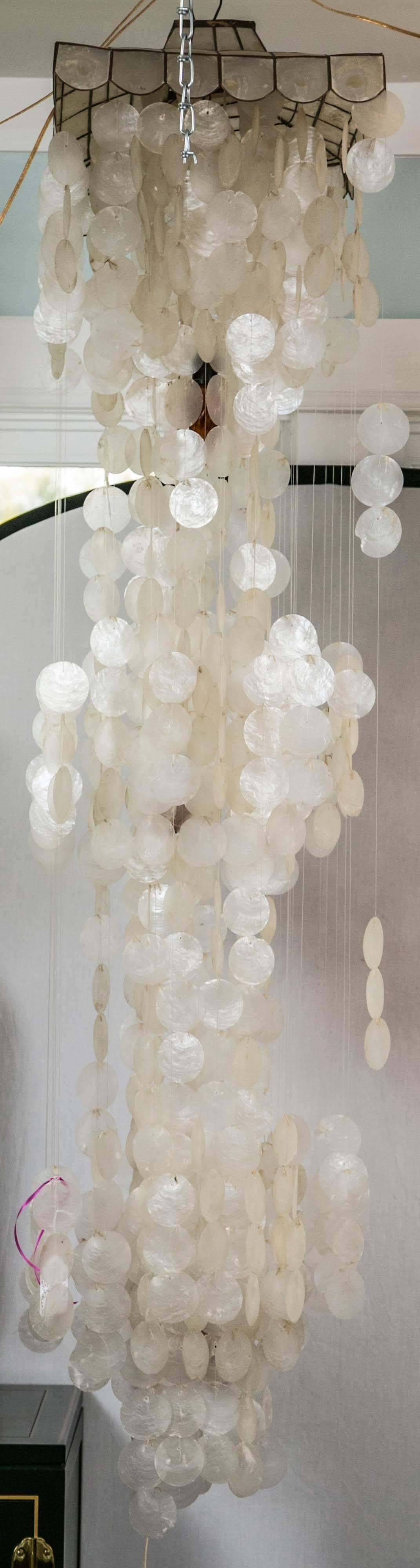 Thai Fantastic Pagoda Canopy Capiz Shell and Amber Light Chime Chandelier