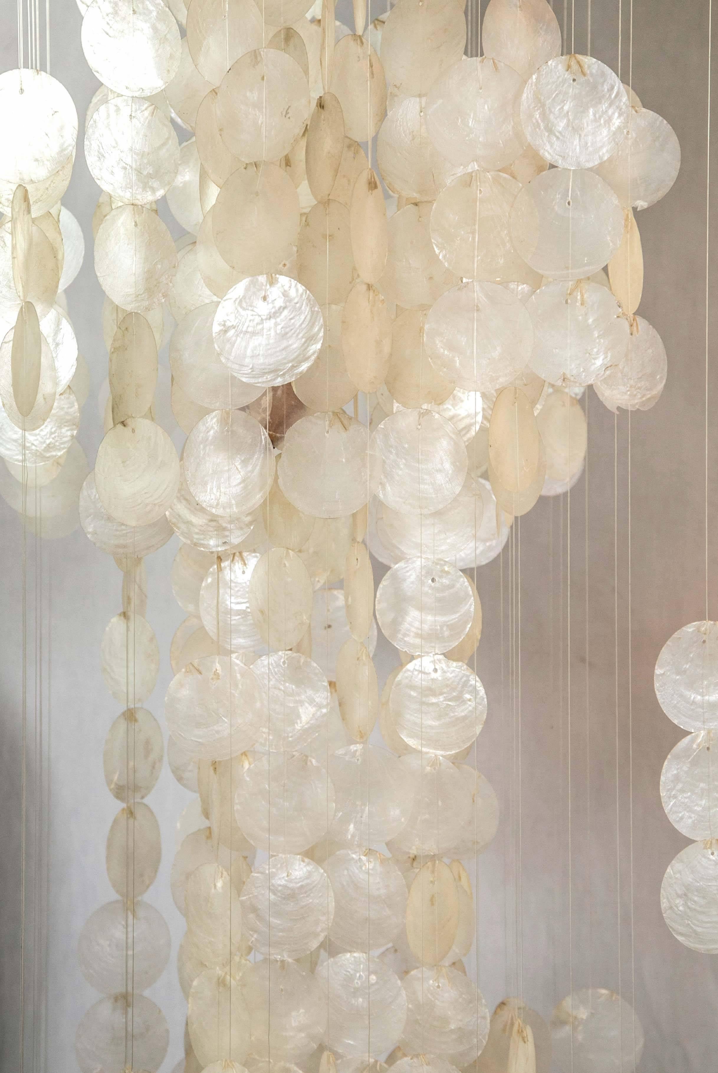 Fantastic Pagoda Canopy Capiz Shell and Amber Light Chime Chandelier In Excellent Condition In Westport, CT