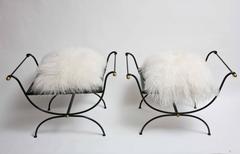 Two Hollywood Regency French Rene Prou Style Iron / Brass "X" Stools / Benches