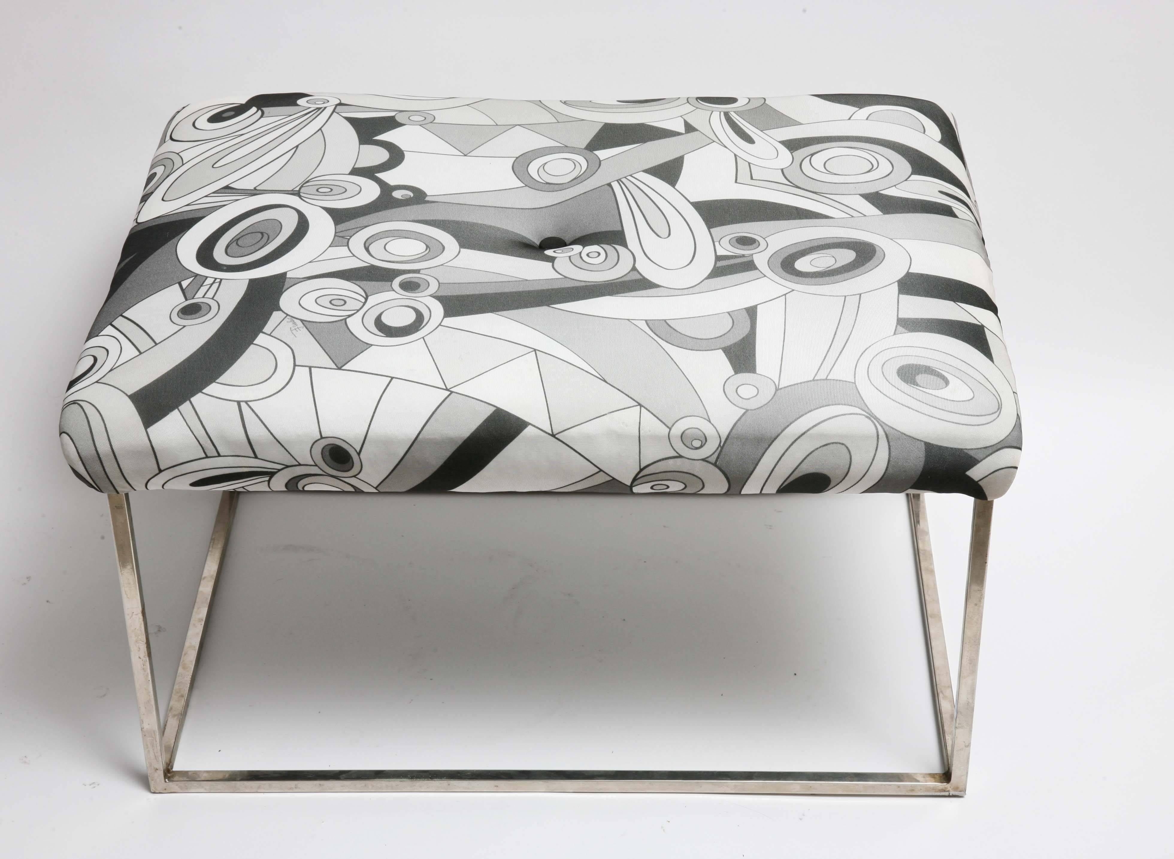 Plated Pair of Mid-Century Modern Baughman Chrome Pucci Fabric Stools or Benches For Sale