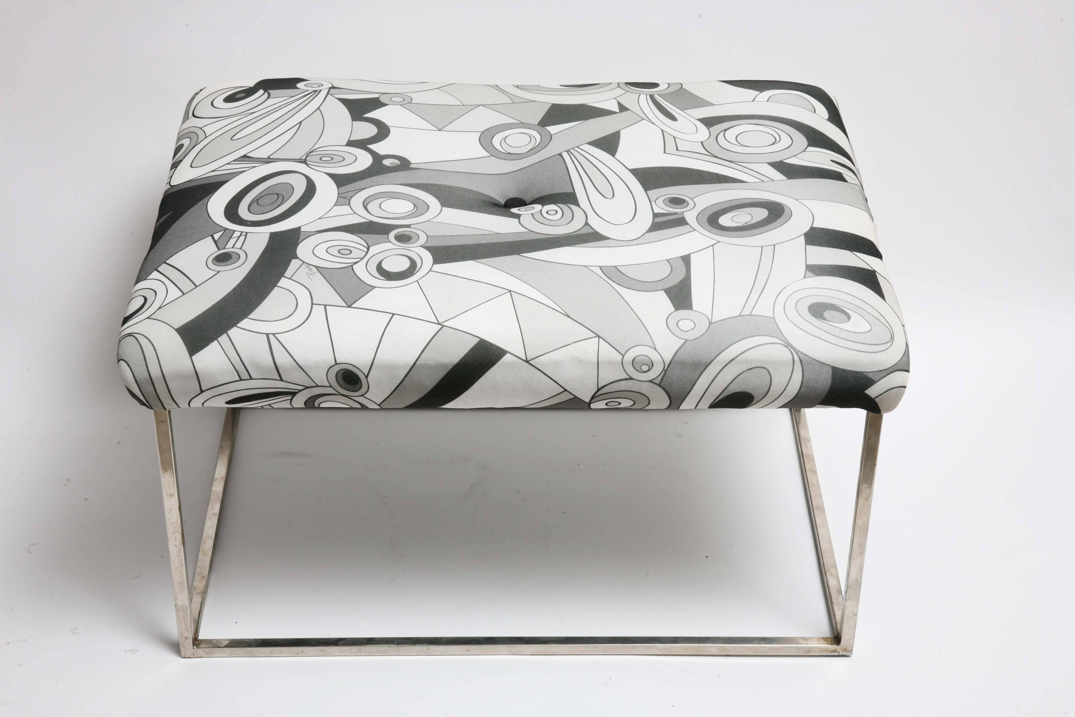 Pair of Mid-Century Modern Baughman Chrome Pucci Fabric Stools or Benches In Good Condition For Sale In Miami, FL