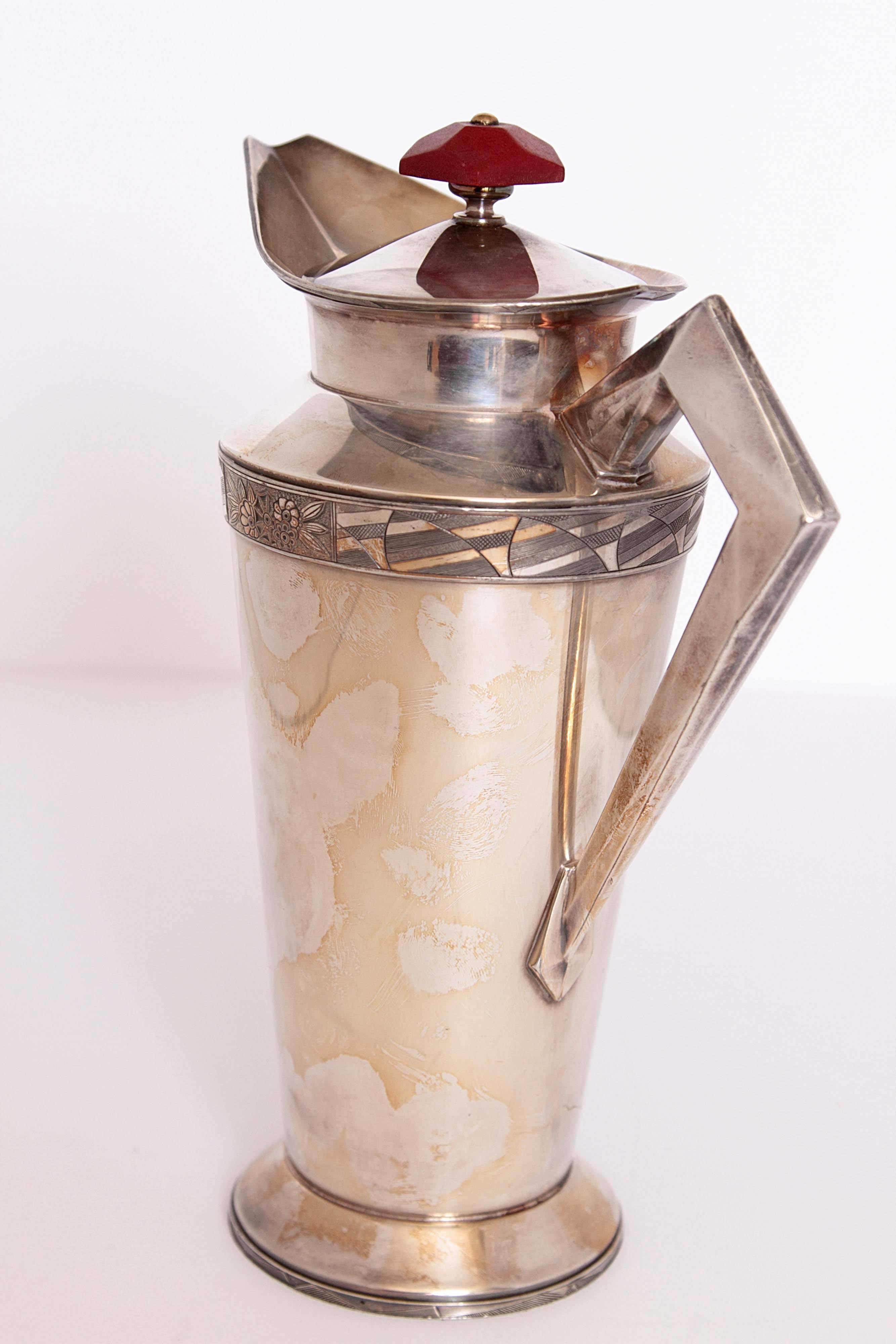Art Deco Early Benedict Modernistic Silver Plate Cocktail Pitcher by Albert Saunders