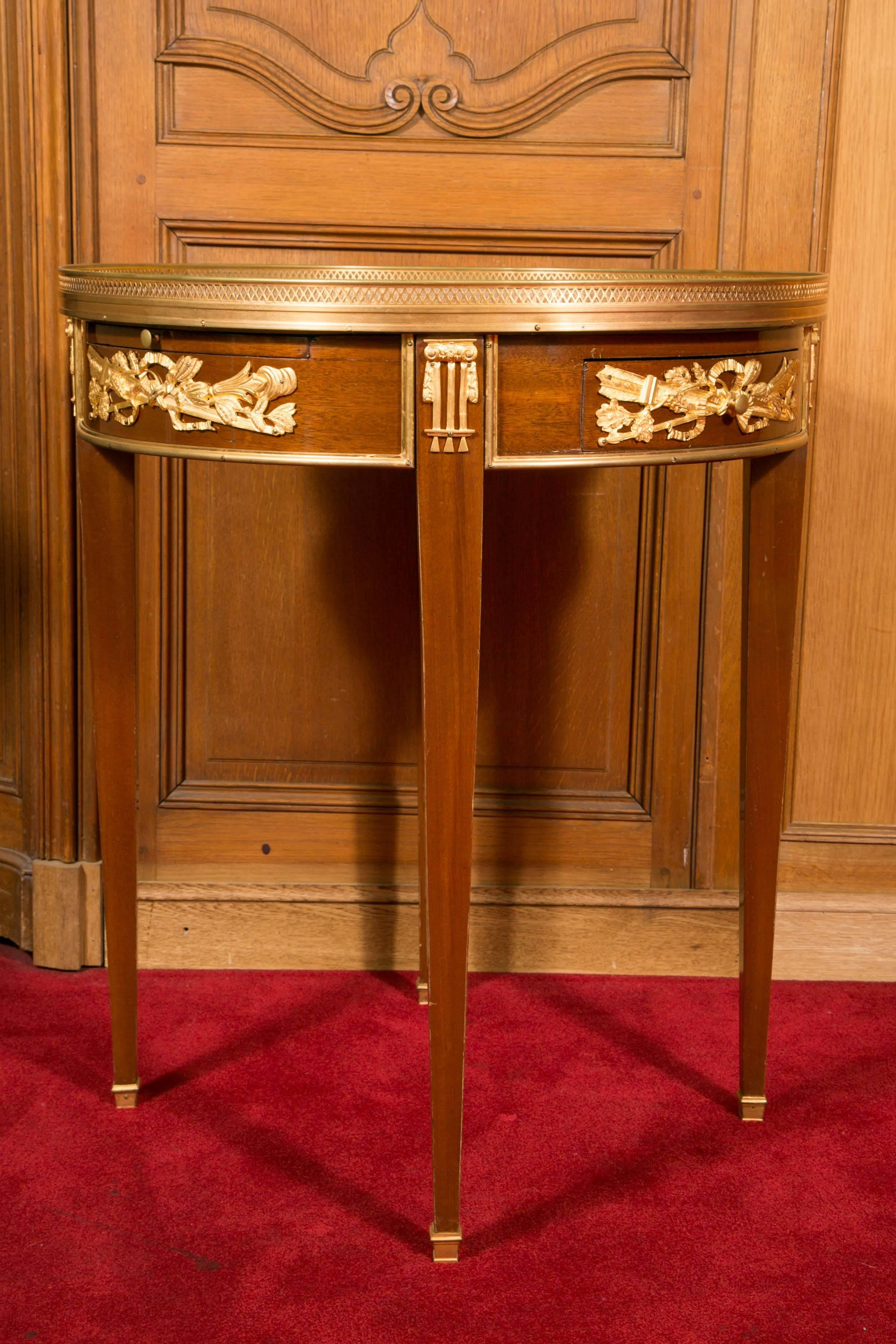 French Pedestal Louis XVI Style Mahogany and Gilt Bronze, Marble Top, 19th Century