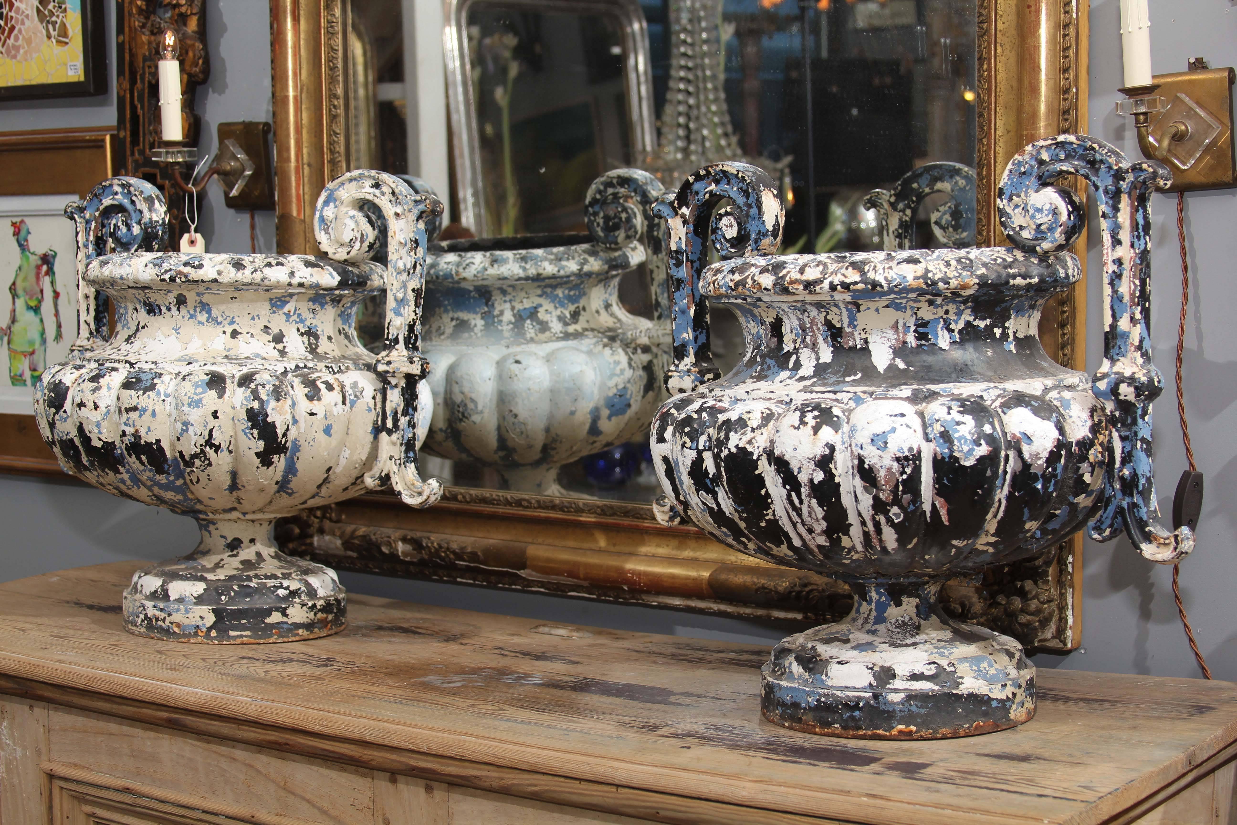 Fabulous color on these 19th century French urns, great for indoors or outdoor use.