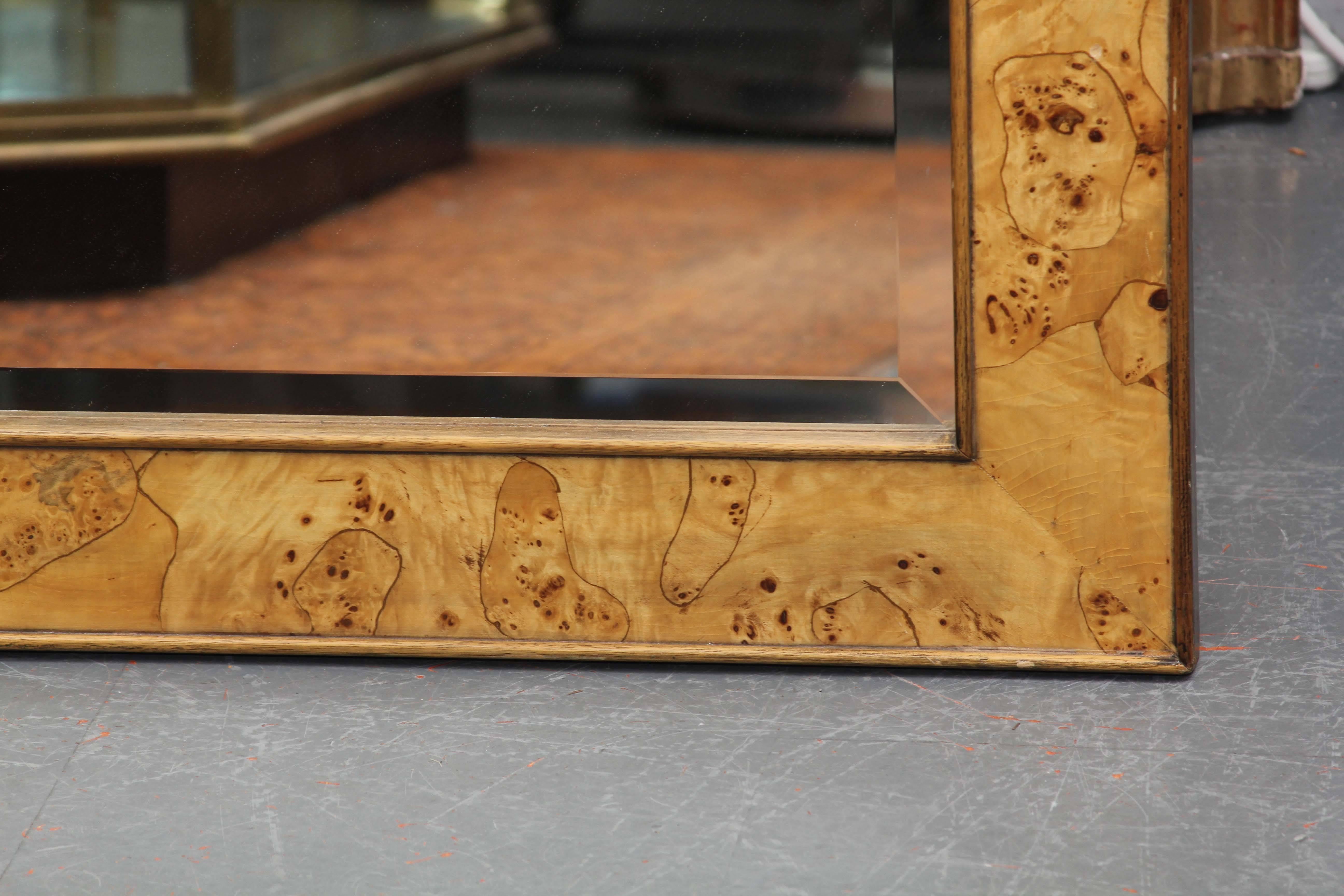 Mid-Century mirror of poplar burl for Bullocks Wilshire, made in Italy.