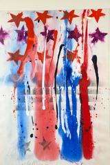 Large Mid-Century Modern Watercolor Painting Abstract Stars