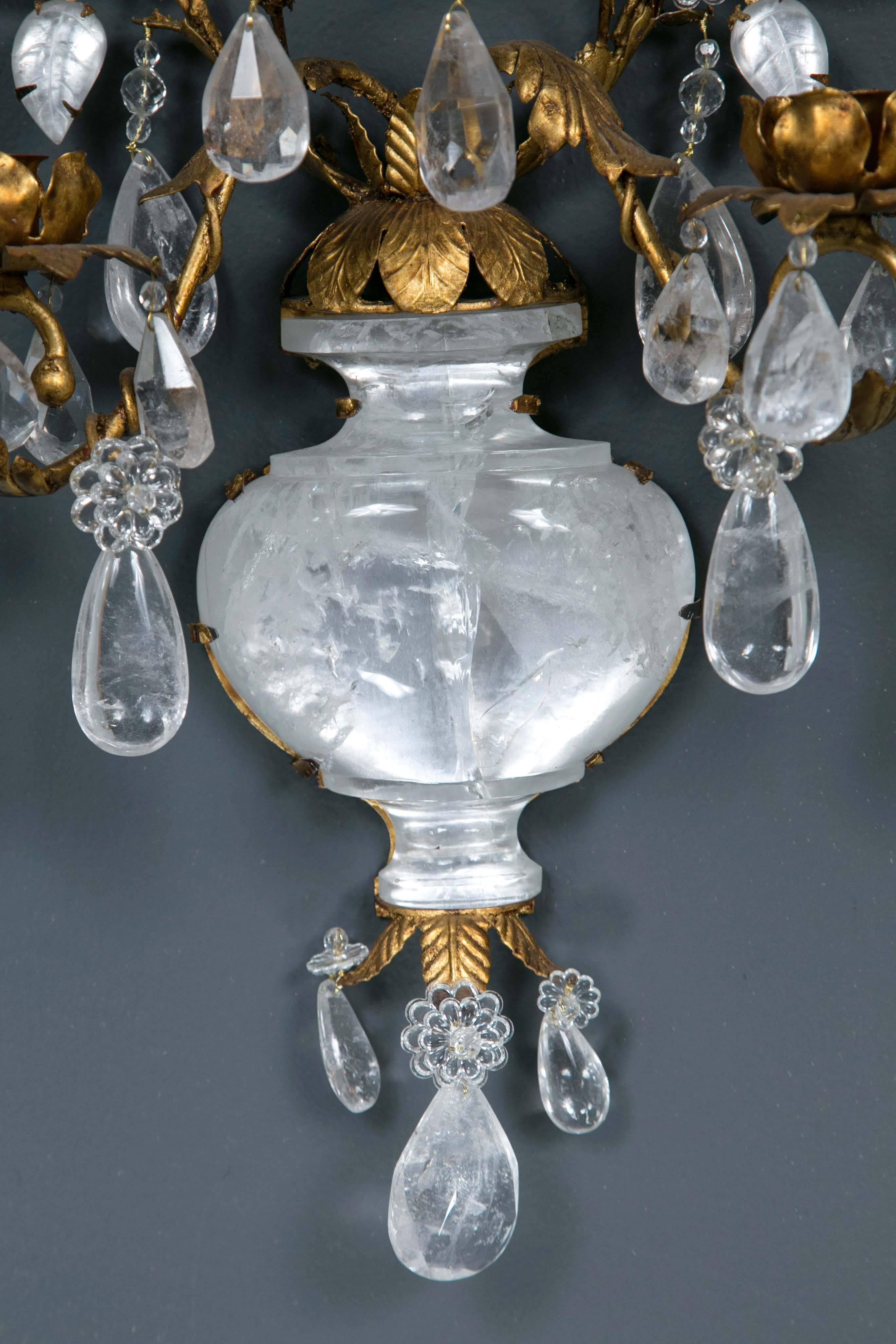 Monumental French gilt crystal and rock crystal sconces (must be wired).