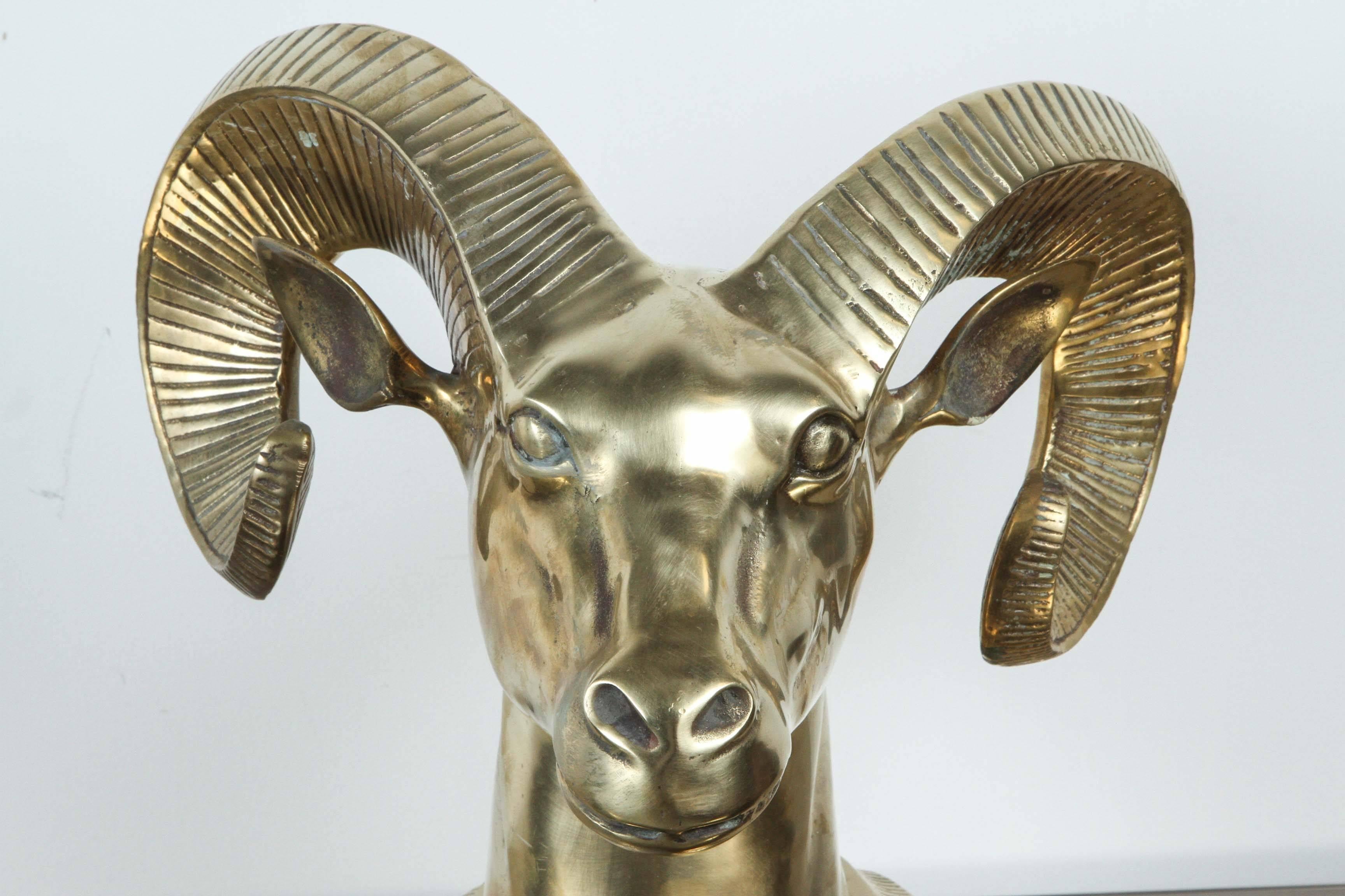 Mid-20th Century Pair of Large Decorative Brass Rams Heads / Bookends