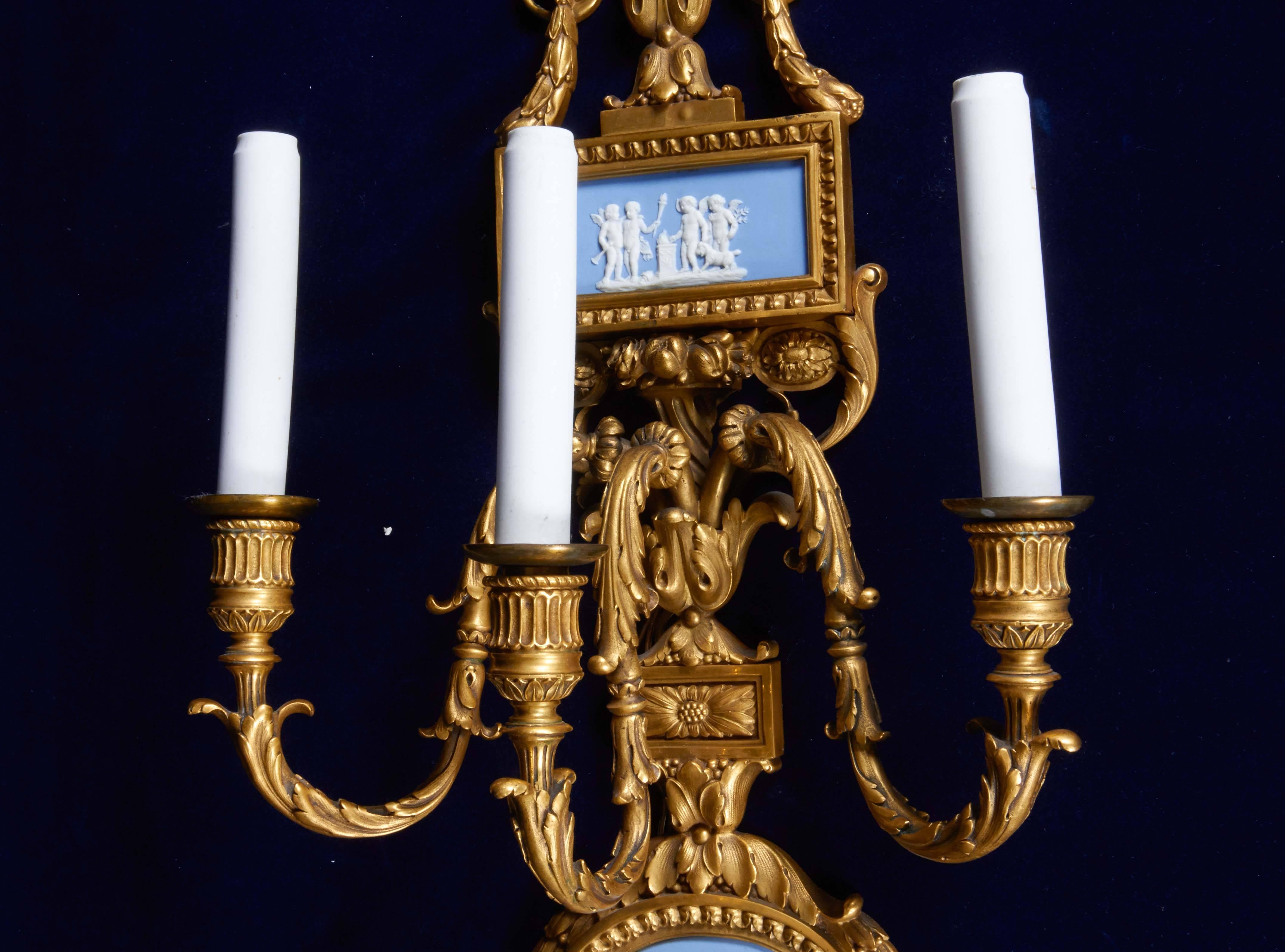 Pair of Louis XVI Doré Bronze and Wedgwood Three-Light Sconces, E. F. Caldwell For Sale 2