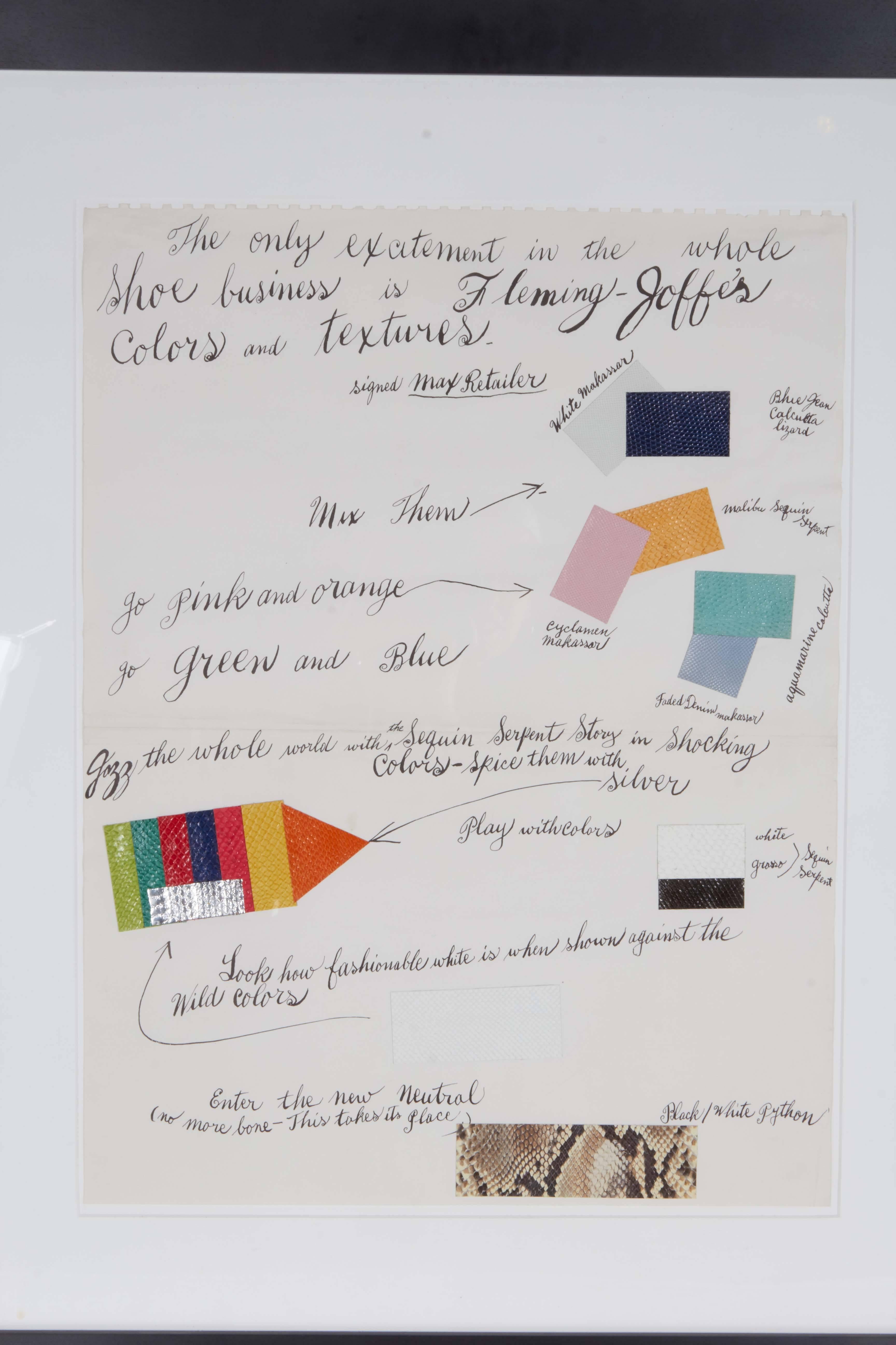 Andy Warhol (1928-1987).
1960, Sans titre (couleurs Fleming-Joffe).
Lithographie offset avec collage d'échantillons de cuir colorés.
23 3/4 po de haut x 17 7/8 po de large.
33 1/2 po de haut x 27 1/2 po de large, encadré.
60,3 cm. de haut x