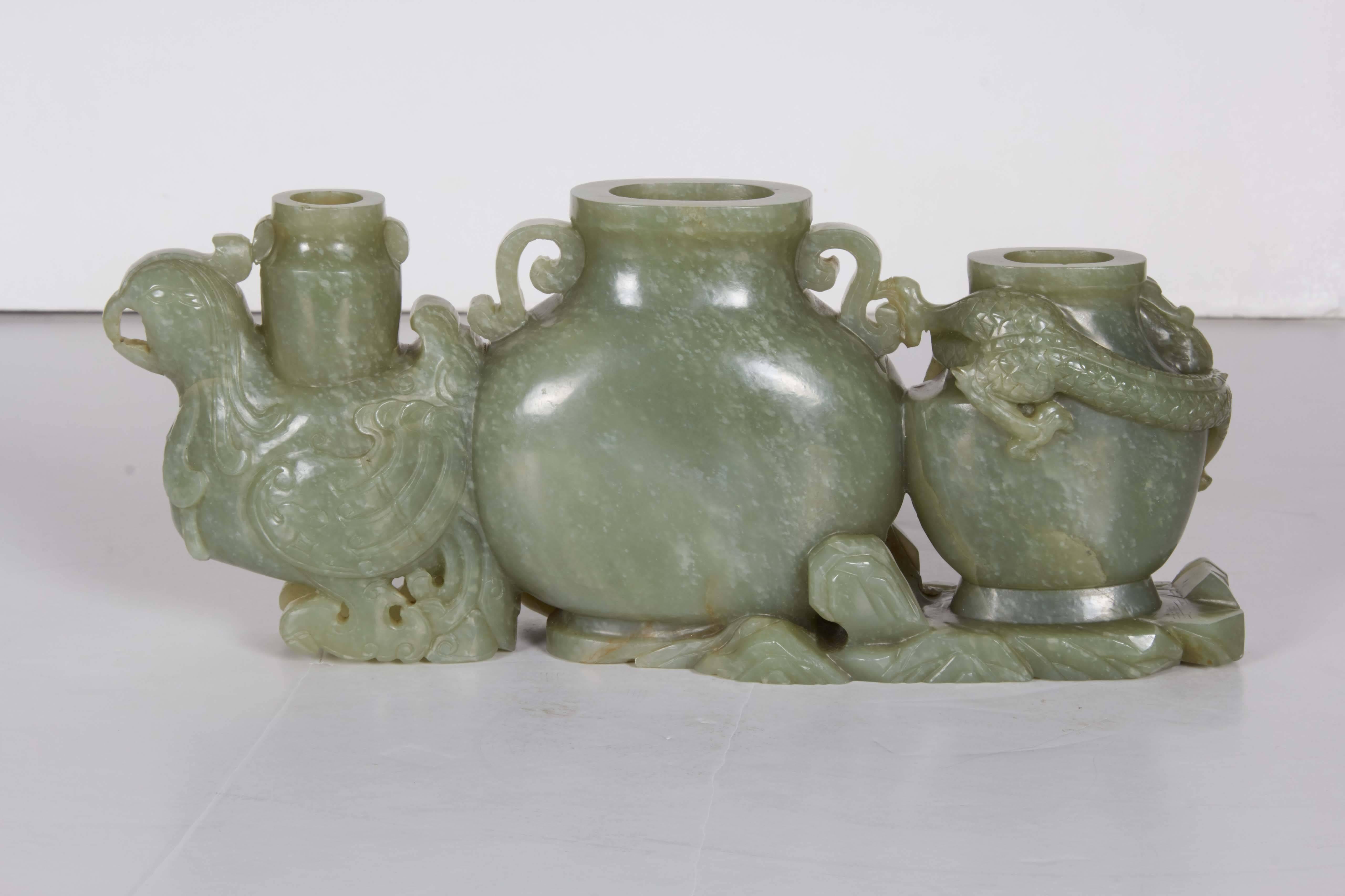 Hand-Carved Antique Chinese Celadon Green Jade Carving, Triple Vase, Qing Dynasty For Sale