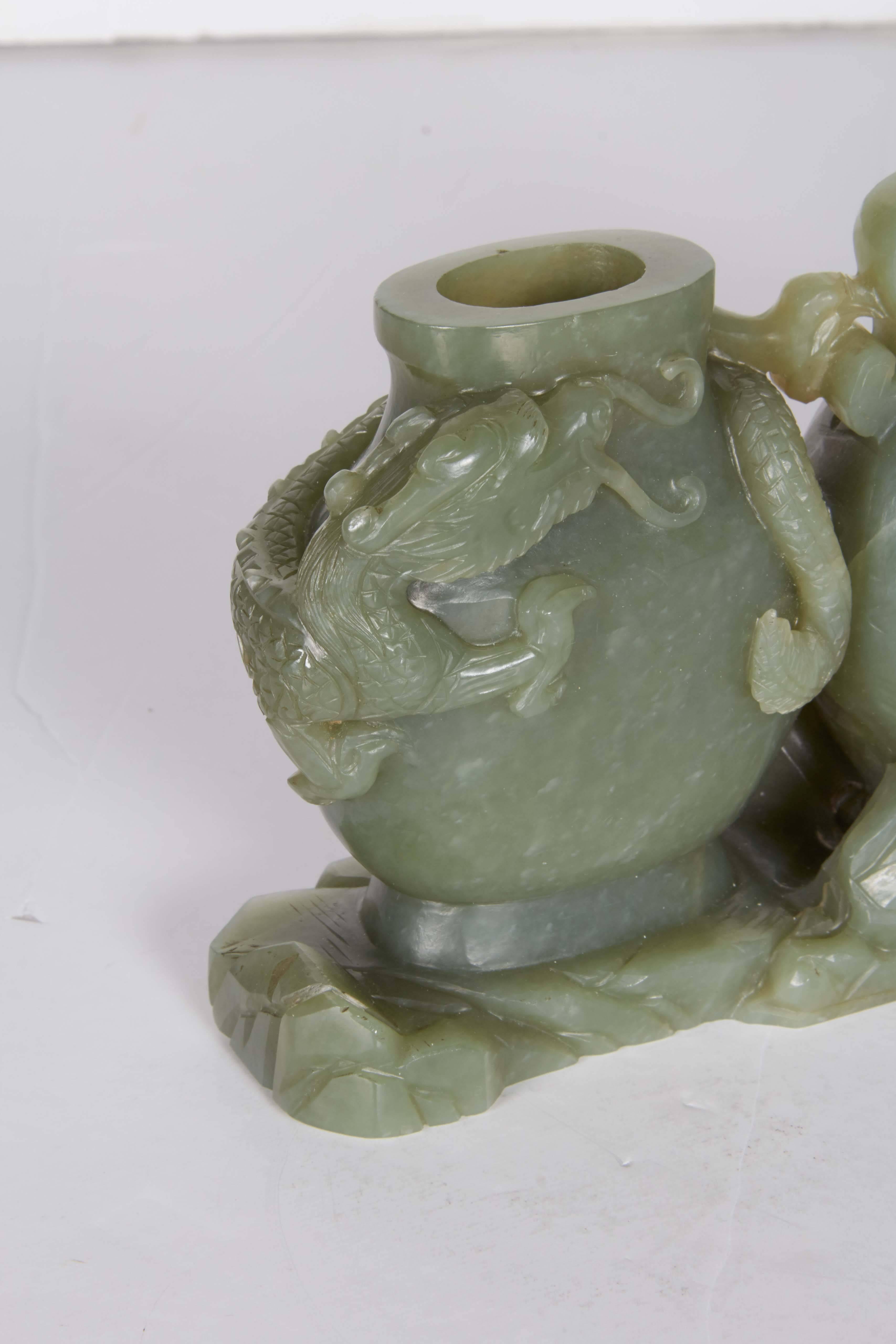 Antique Chinese Celadon Green Jade Carving, Triple Vase, Qing Dynasty In Good Condition For Sale In New York, NY