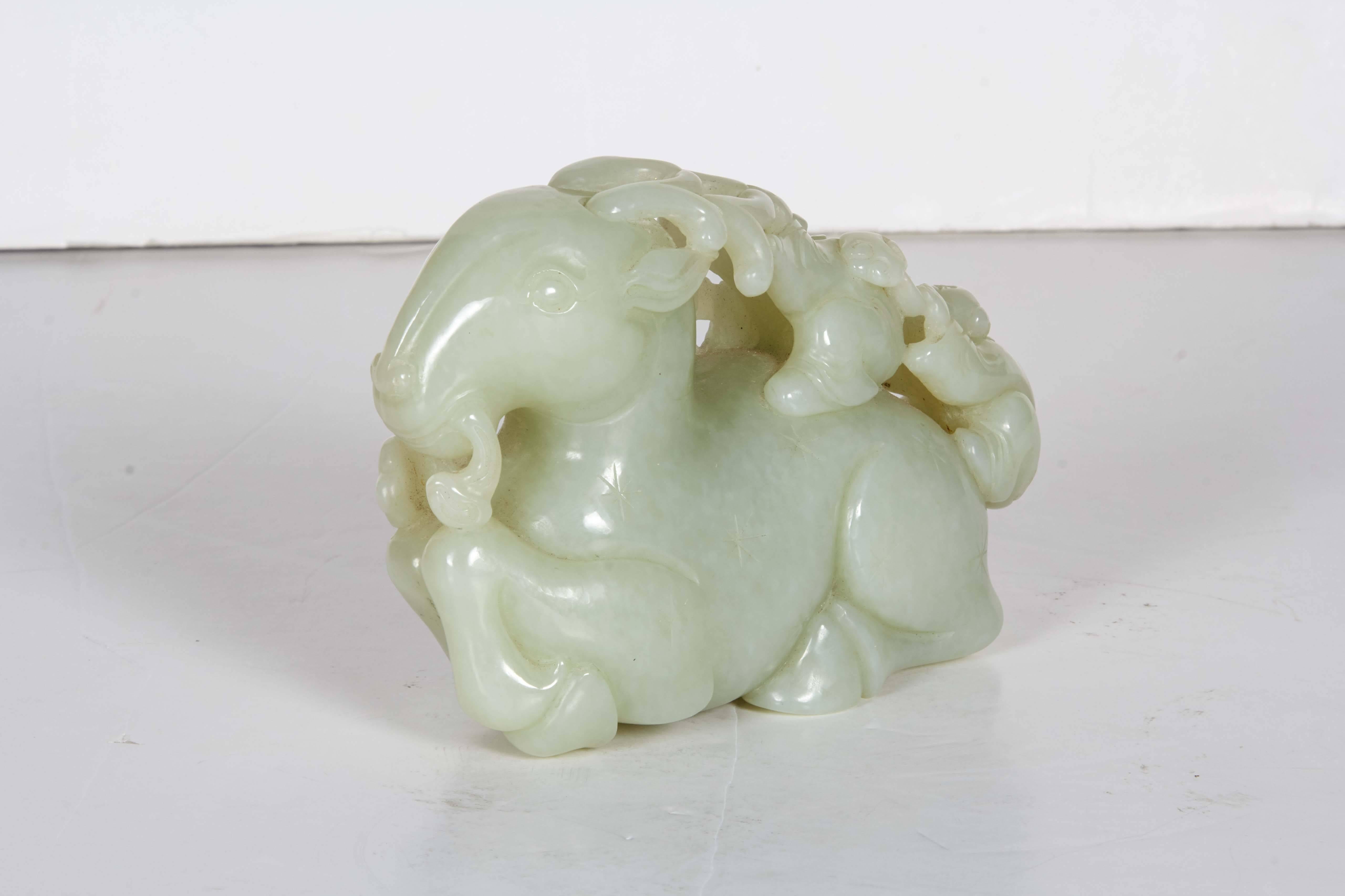 Chinese Whitish Celadon Carved Jade Group of Ram with Two Boys In Excellent Condition In New York, NY