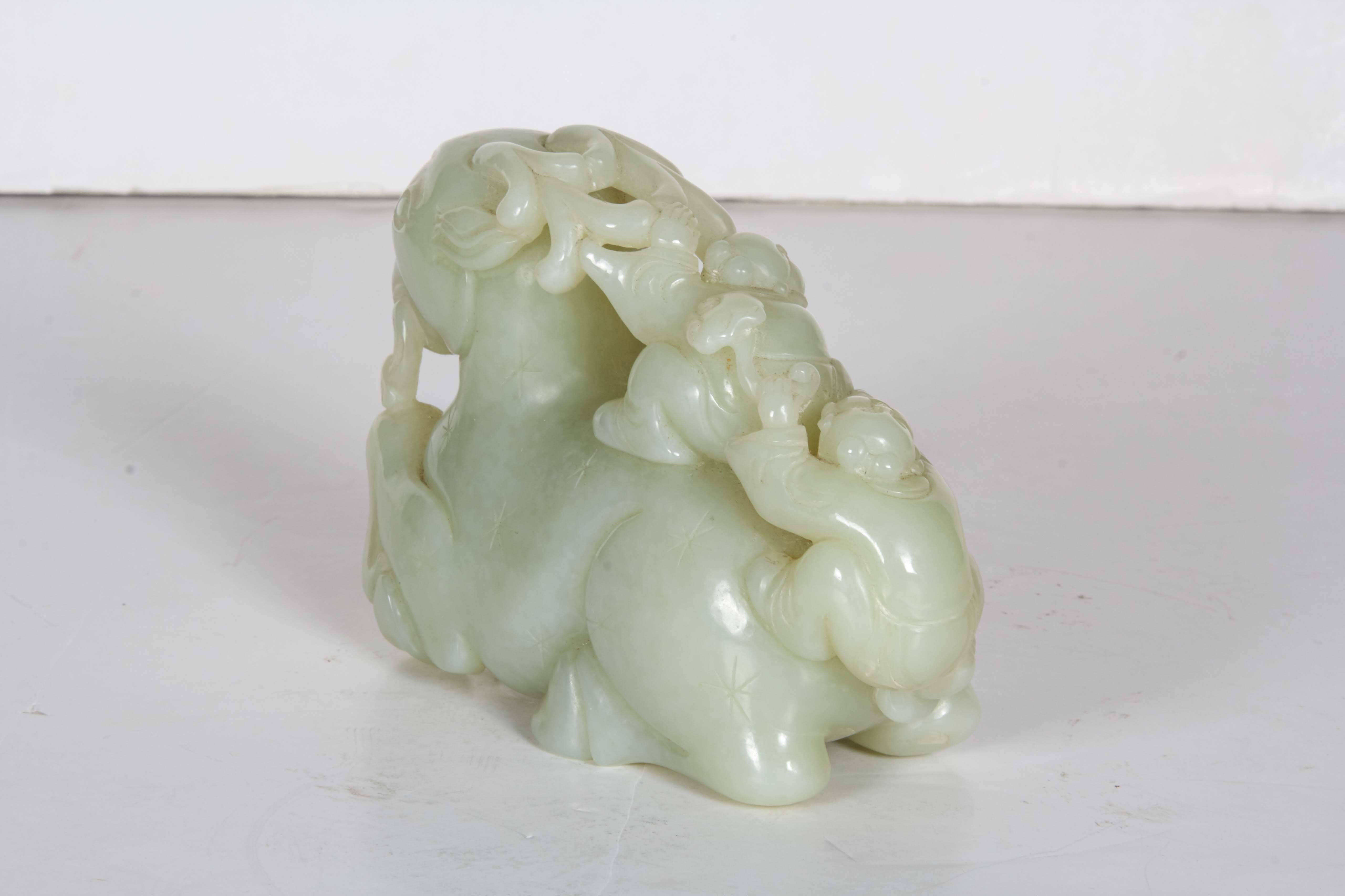 19th Century Chinese Whitish Celadon Carved Jade Group of Ram with Two Boys