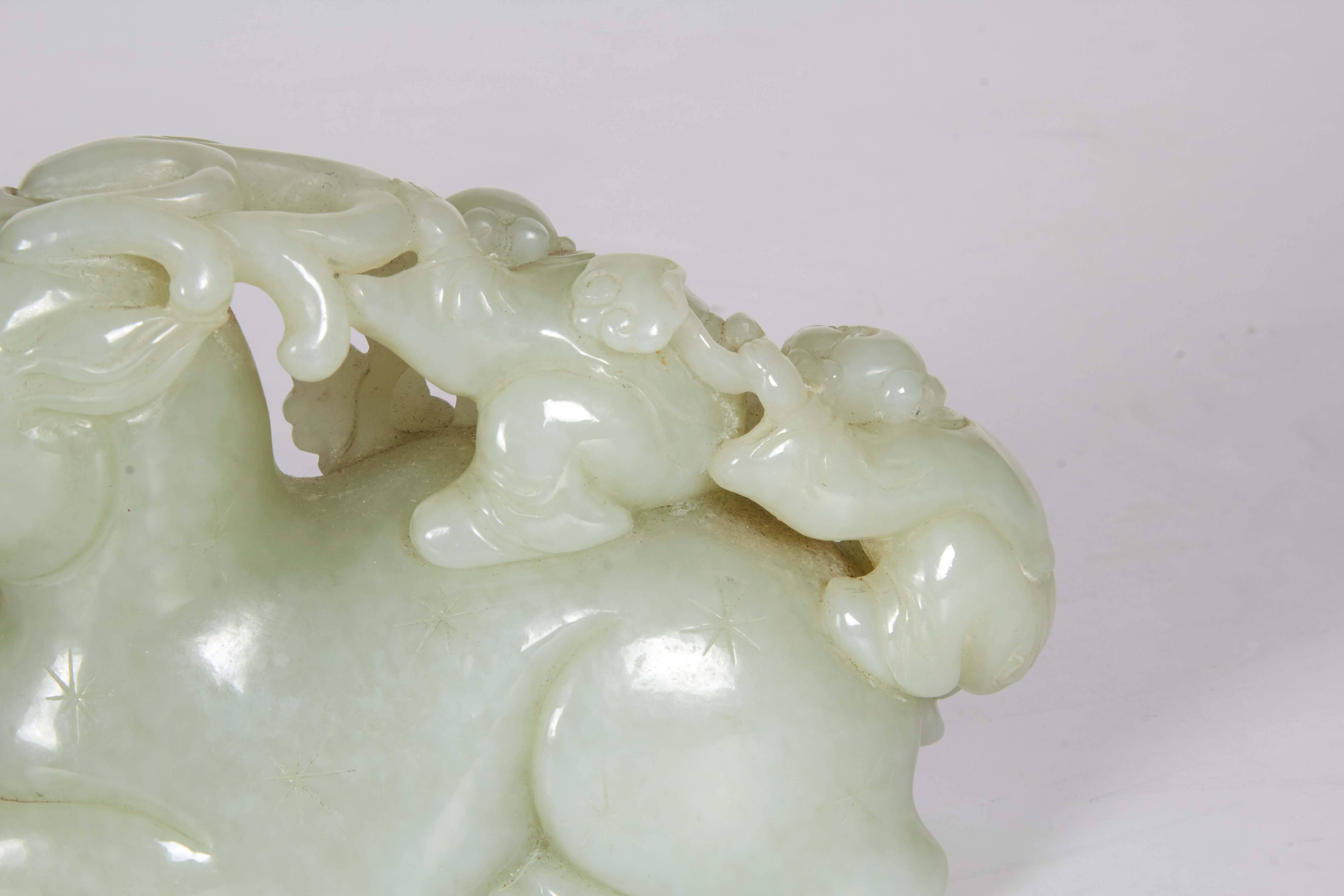 Chinese Whitish Celadon Carved Jade Group of Ram with Two Boys 1