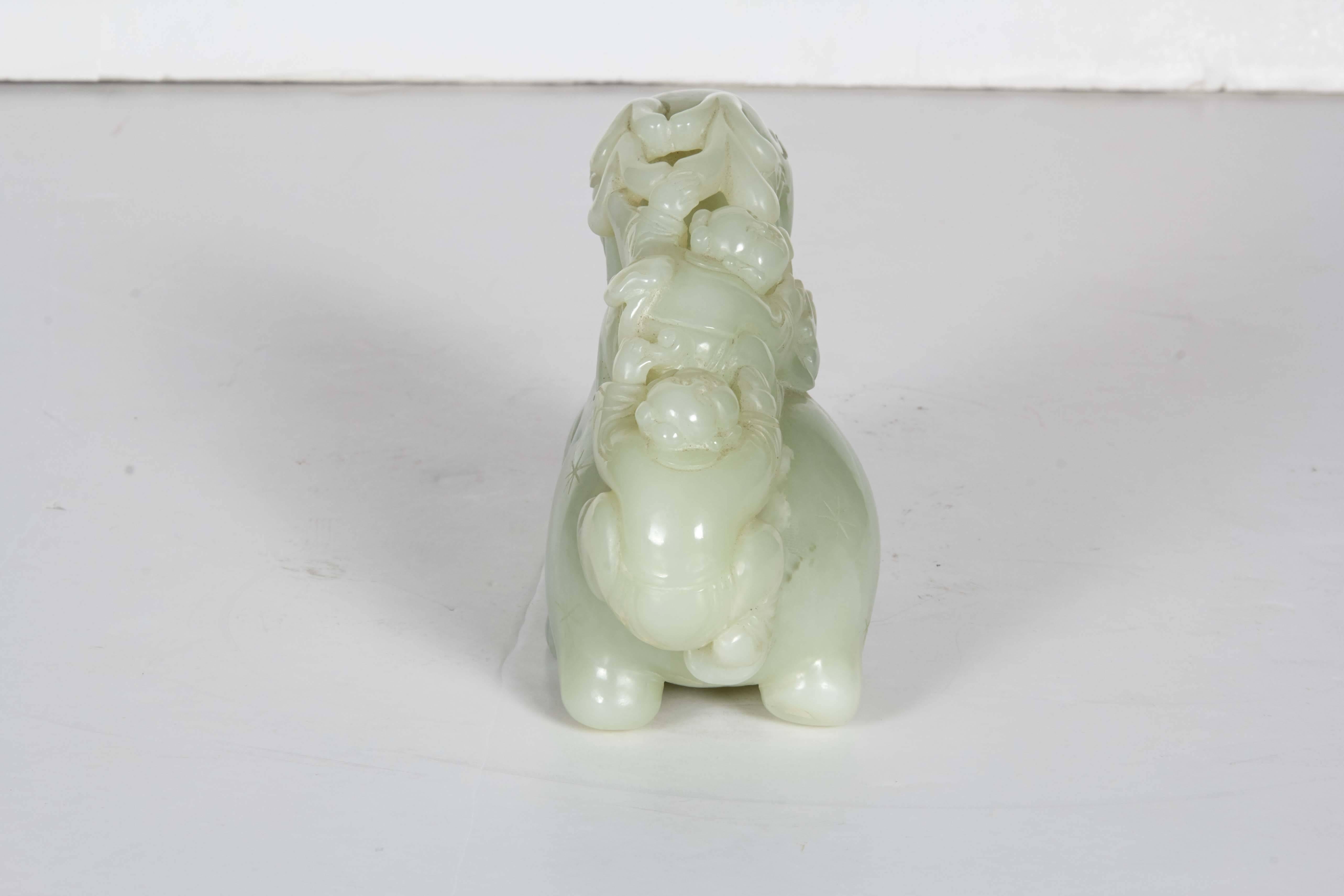 Chinese Whitish Celadon Carved Jade Group of Ram with Two Boys 2