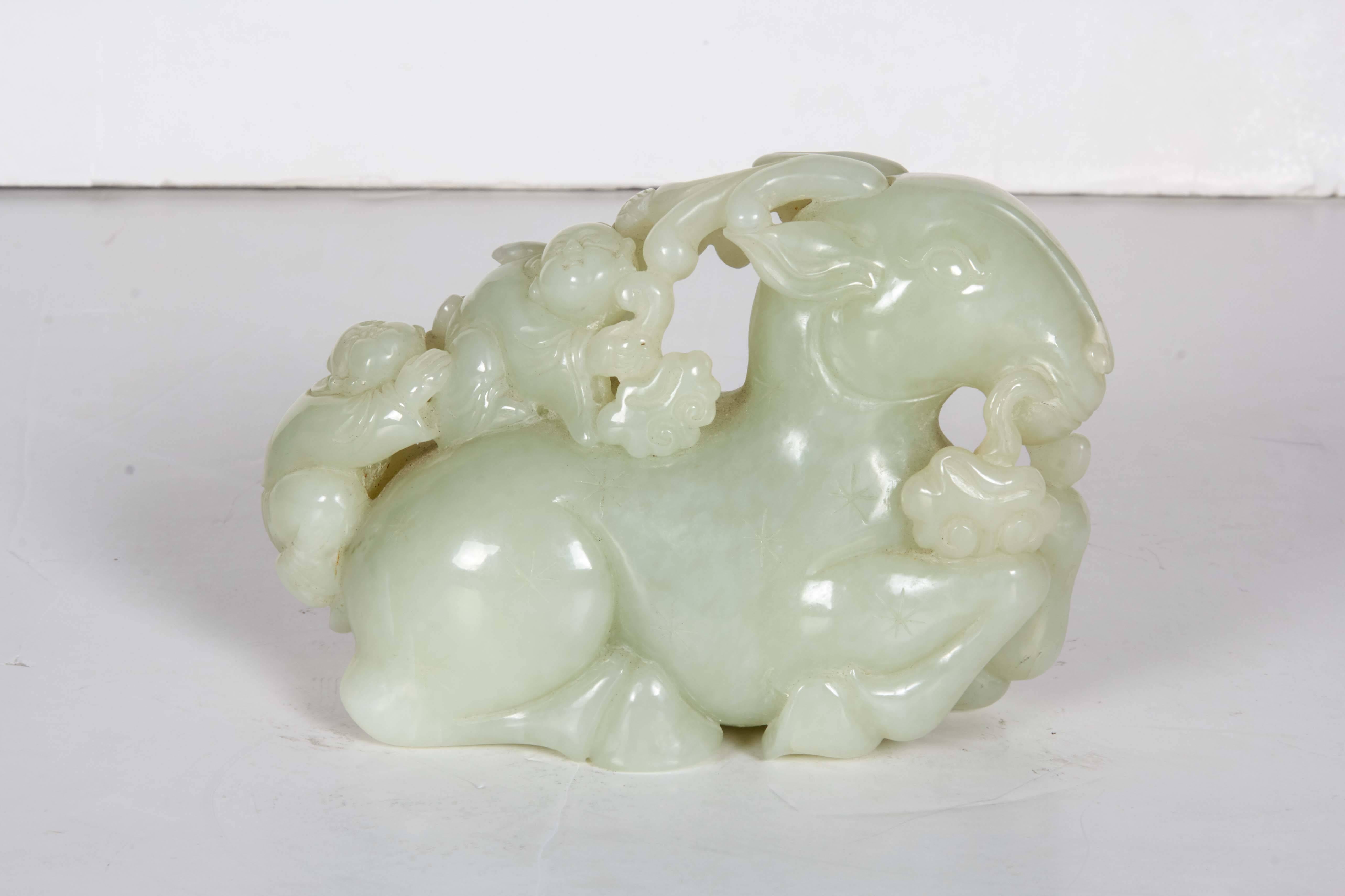 Chinese Whitish Celadon Carved Jade Group of Ram with Two Boys 3