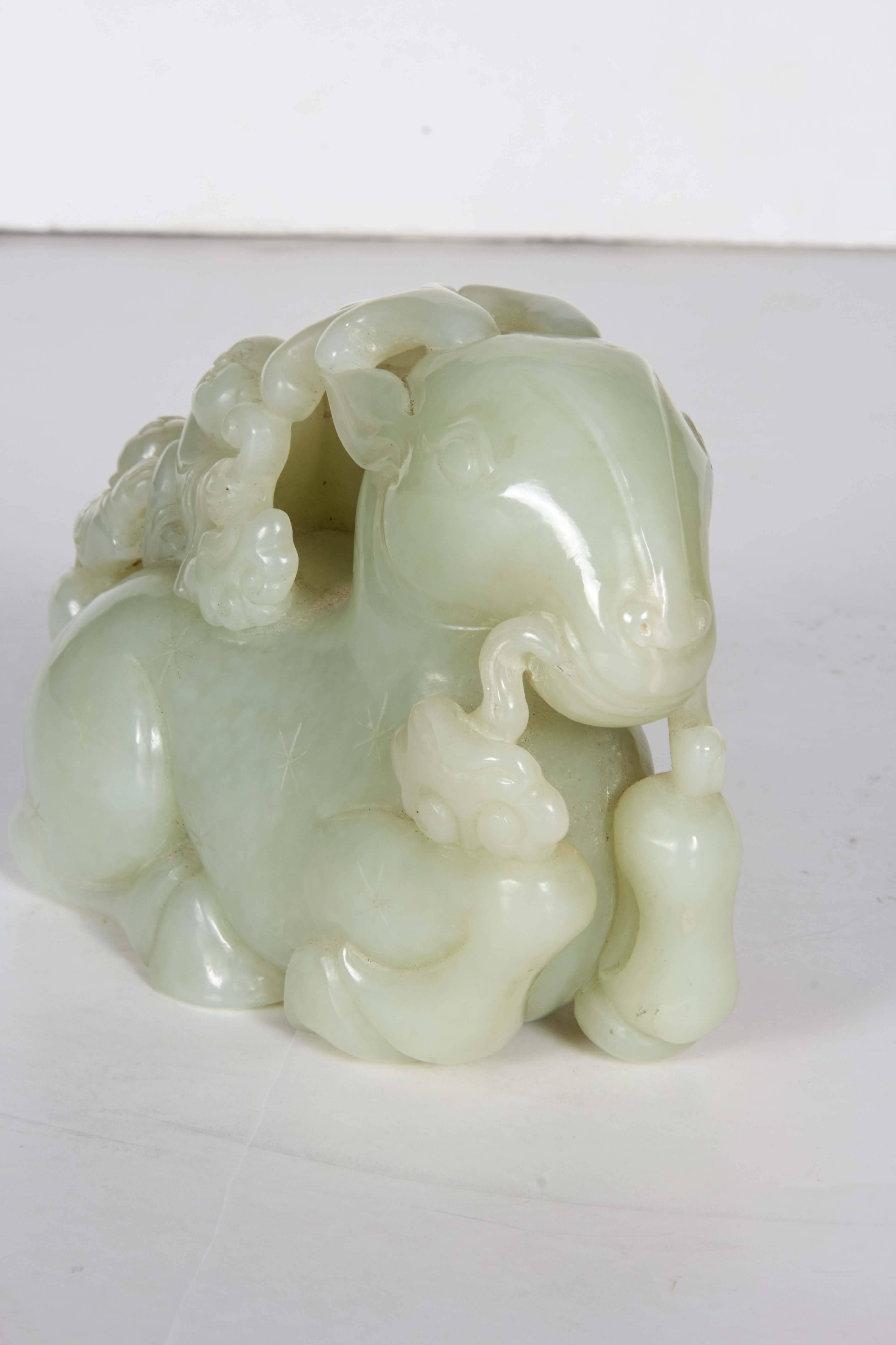 Chinese Whitish Celadon Carved Jade Group of Ram with Two Boys 4