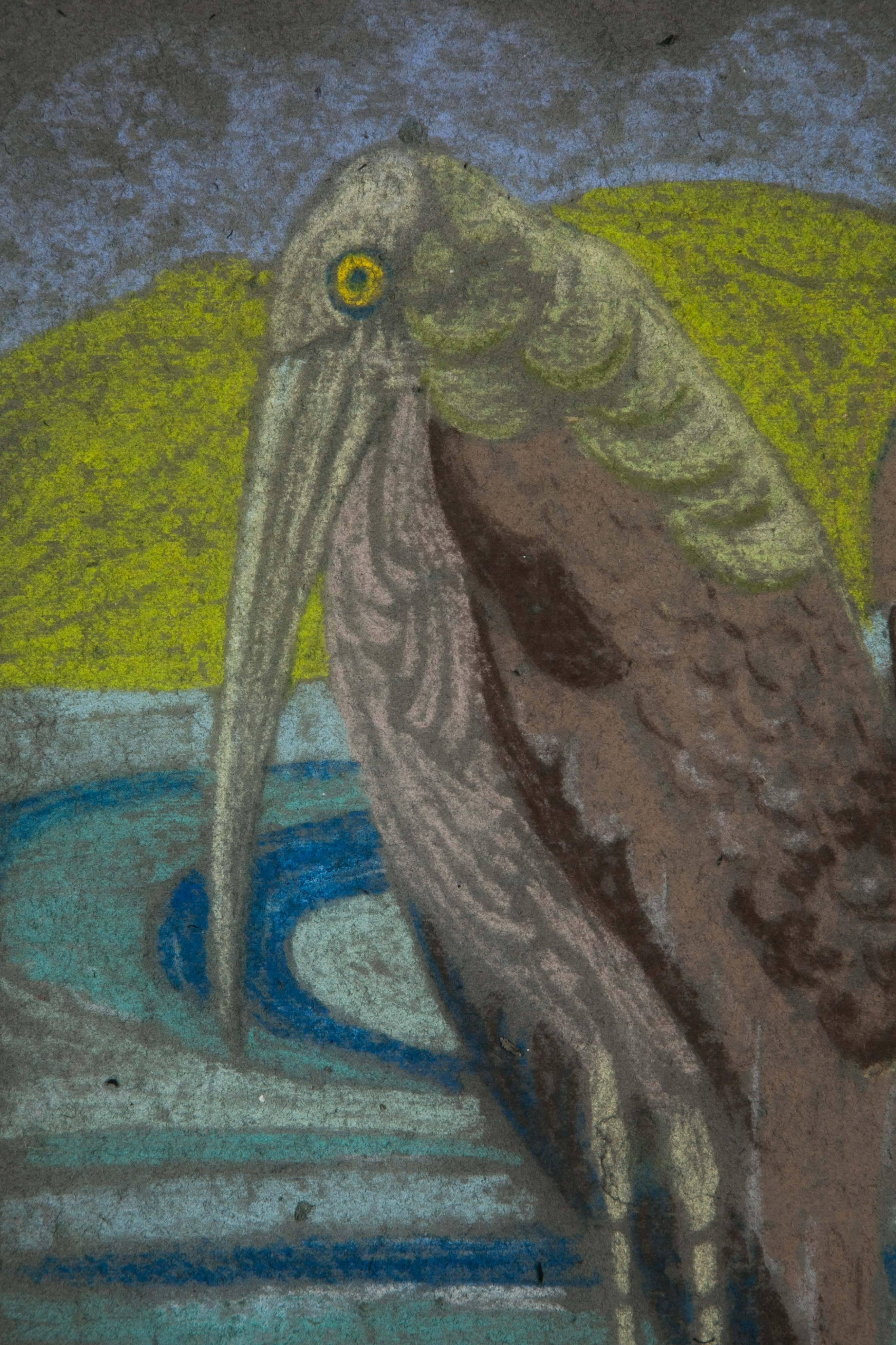 Wallpaper design. Pastel drawing on very thick paper representing a marabou bird. France, Art Deco, 1920s.
Dim: 50 x 30 cm excl frame.
Two other wallpaper designs are available with similar patterns.
        