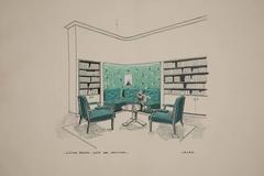 Living Room Design, Original Drawing by Leleu, France, Art Deco, 1940s