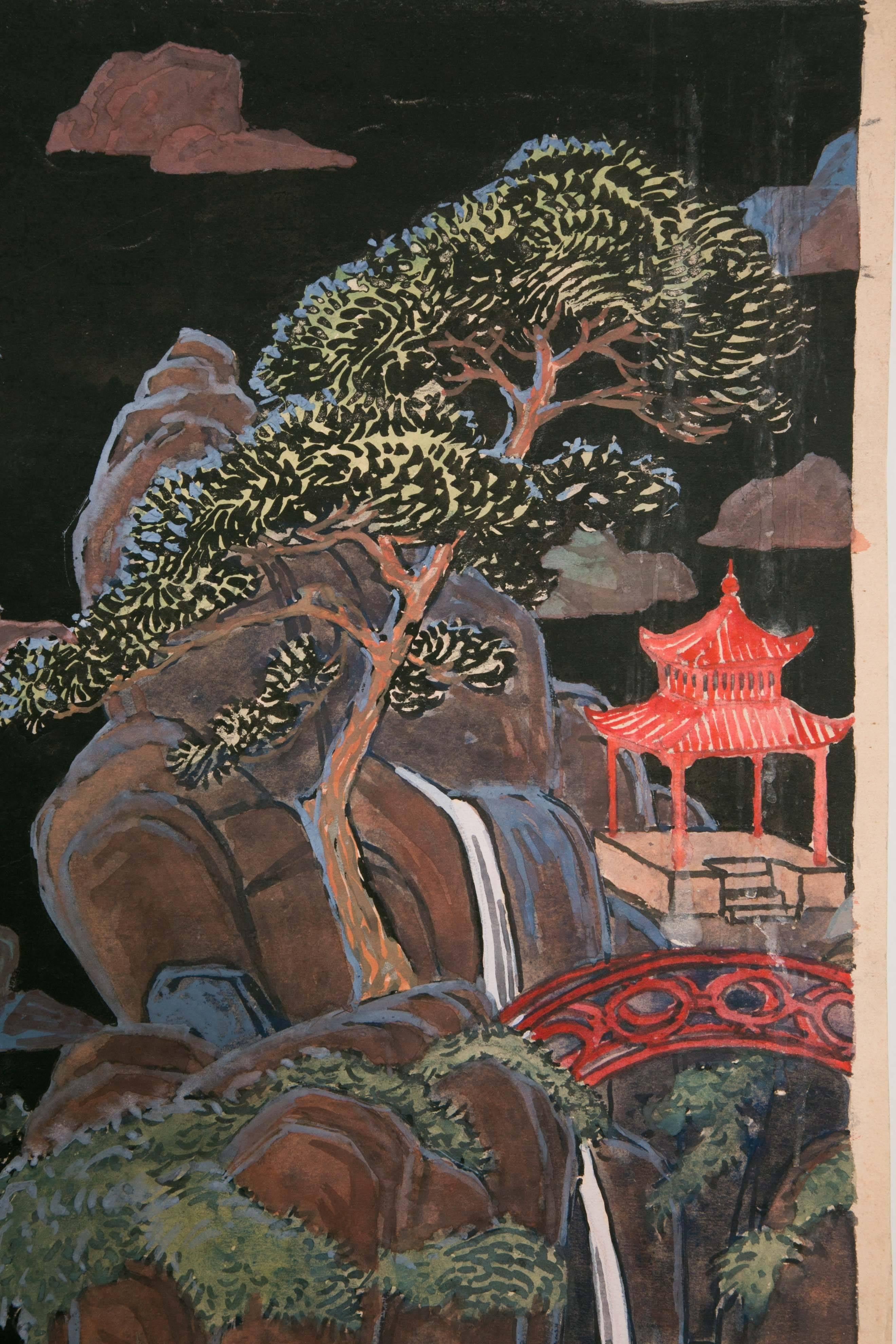 Tapetendesign. Aquarell auf Papier, das eine chinesische Landschaft darstellt, Frankreich, Art déco, 1920er Jahre.
Abmessung: 49,5 x 49,5 cm ohne Rahmen.
Ein weiteres Tapetendesign ist mit einem passenden Muster erhältlich, das chinesische Masken