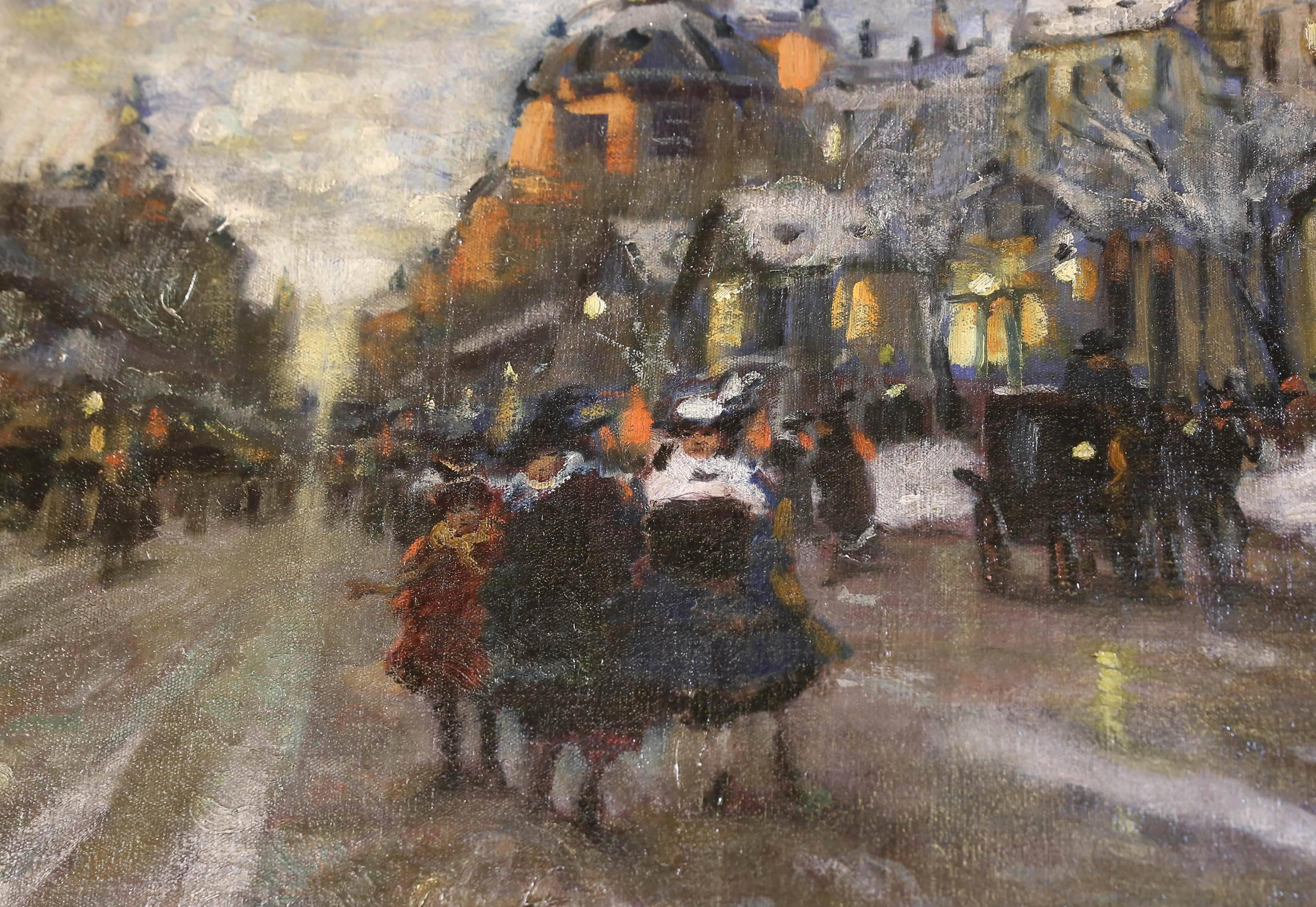Munich street scene. Oil on canvas, circa 1930s.
Signed lower right.
Measures: 46" W x 28" H, overall size 60" W x 42" H.
Well listed Hungarian artist. Active: Paris, Budapest, Munich, Vienna. Berkes studied at The Academy of