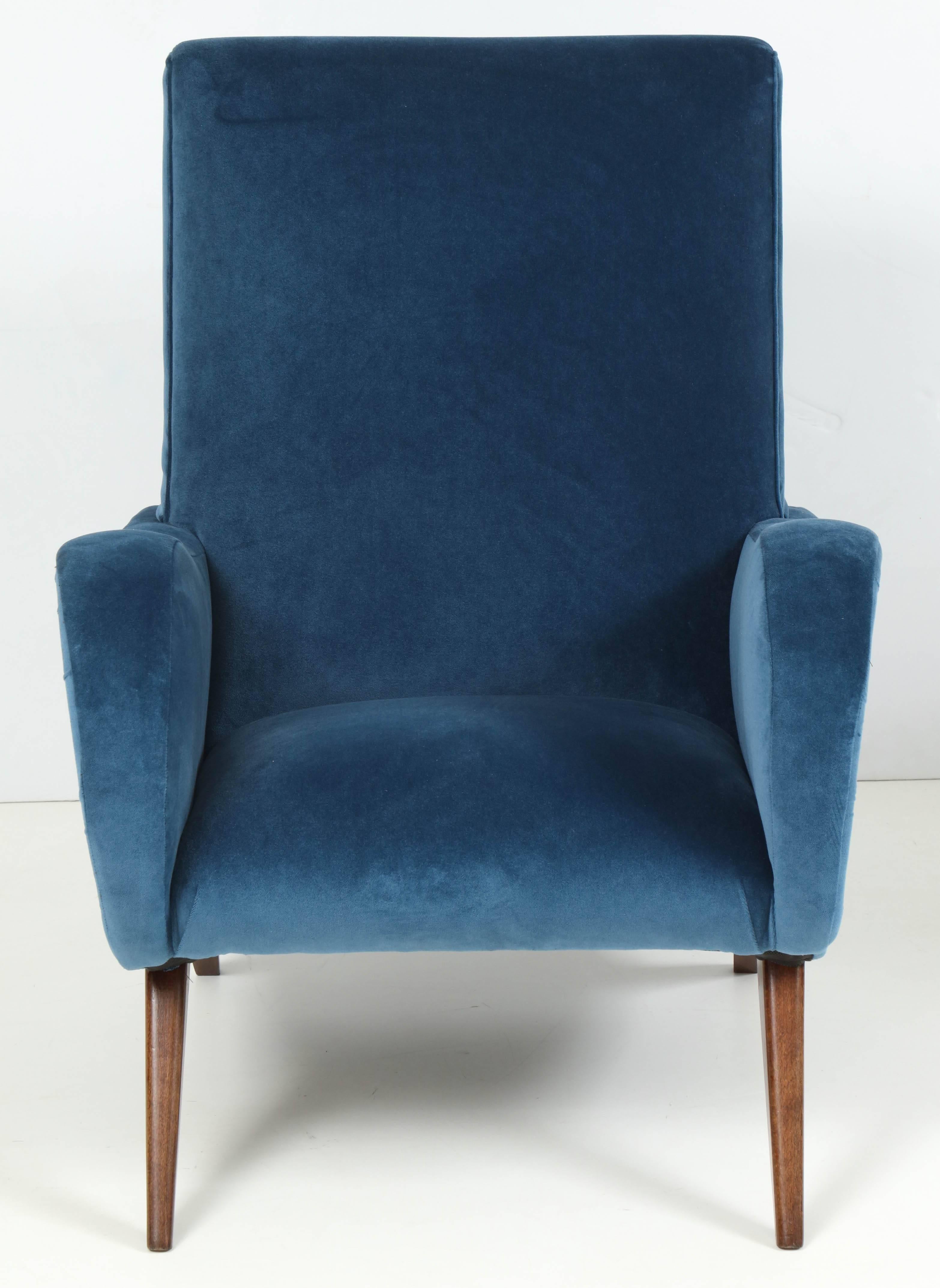 Pair of Mid-Century Italian Marco Zanuso style Armchairs in Blue Velvet 2