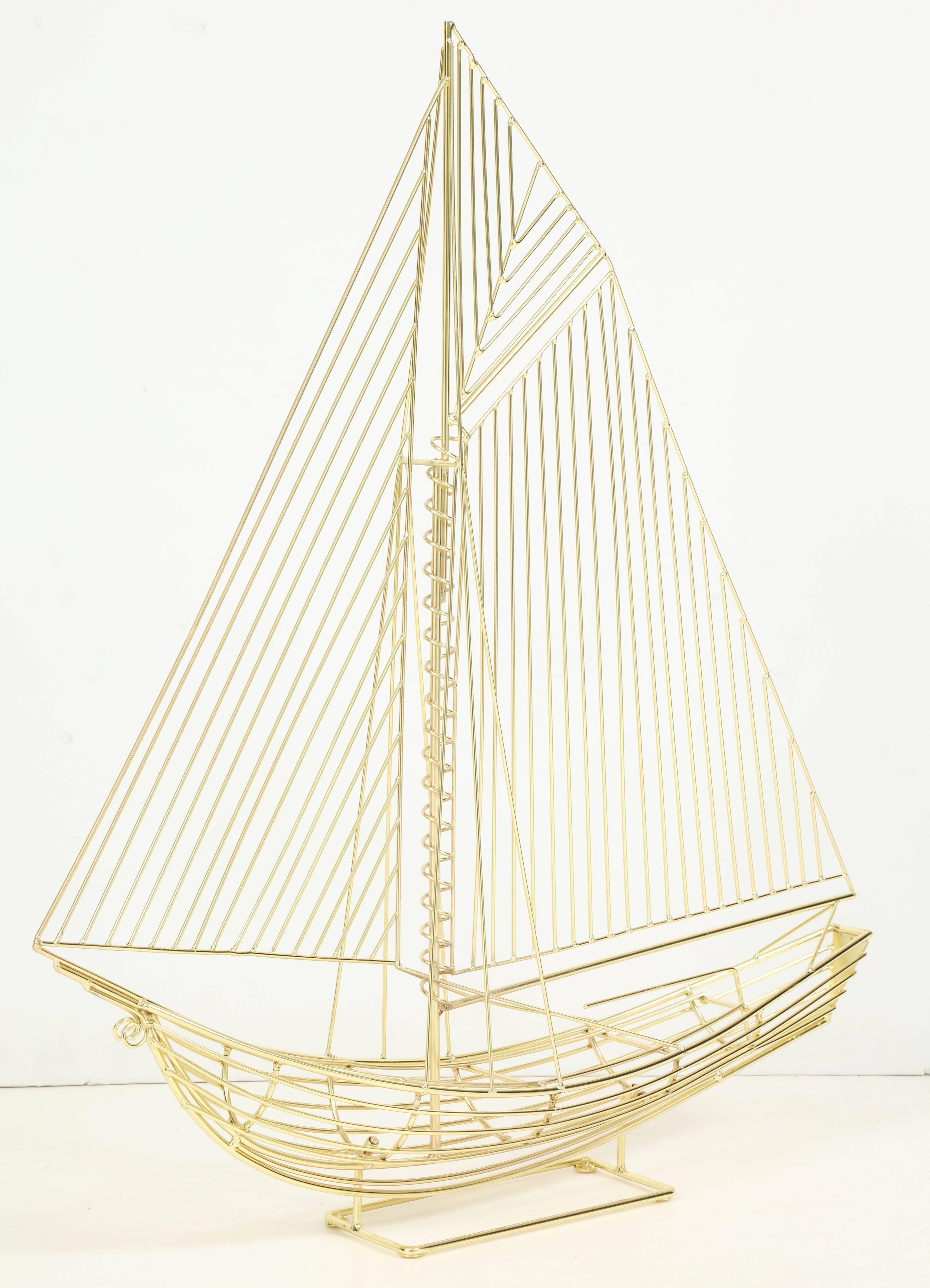 American Large Polished Brass Sail Boat Sculpture by Curtis Jere, Signed, circa 1970 For Sale