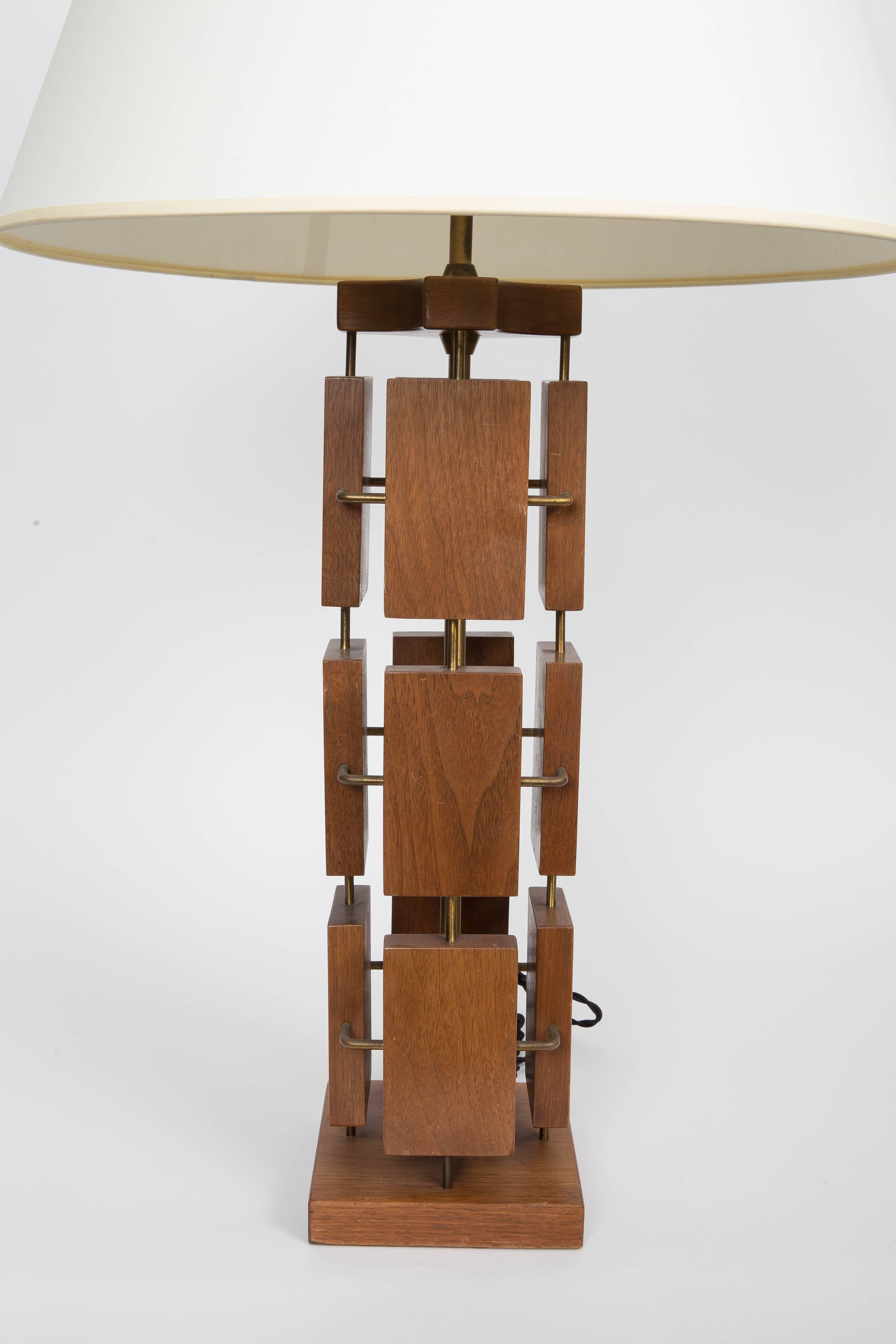 American Mahogany and Brass Modernist Table Lamp, USA, 1950s
