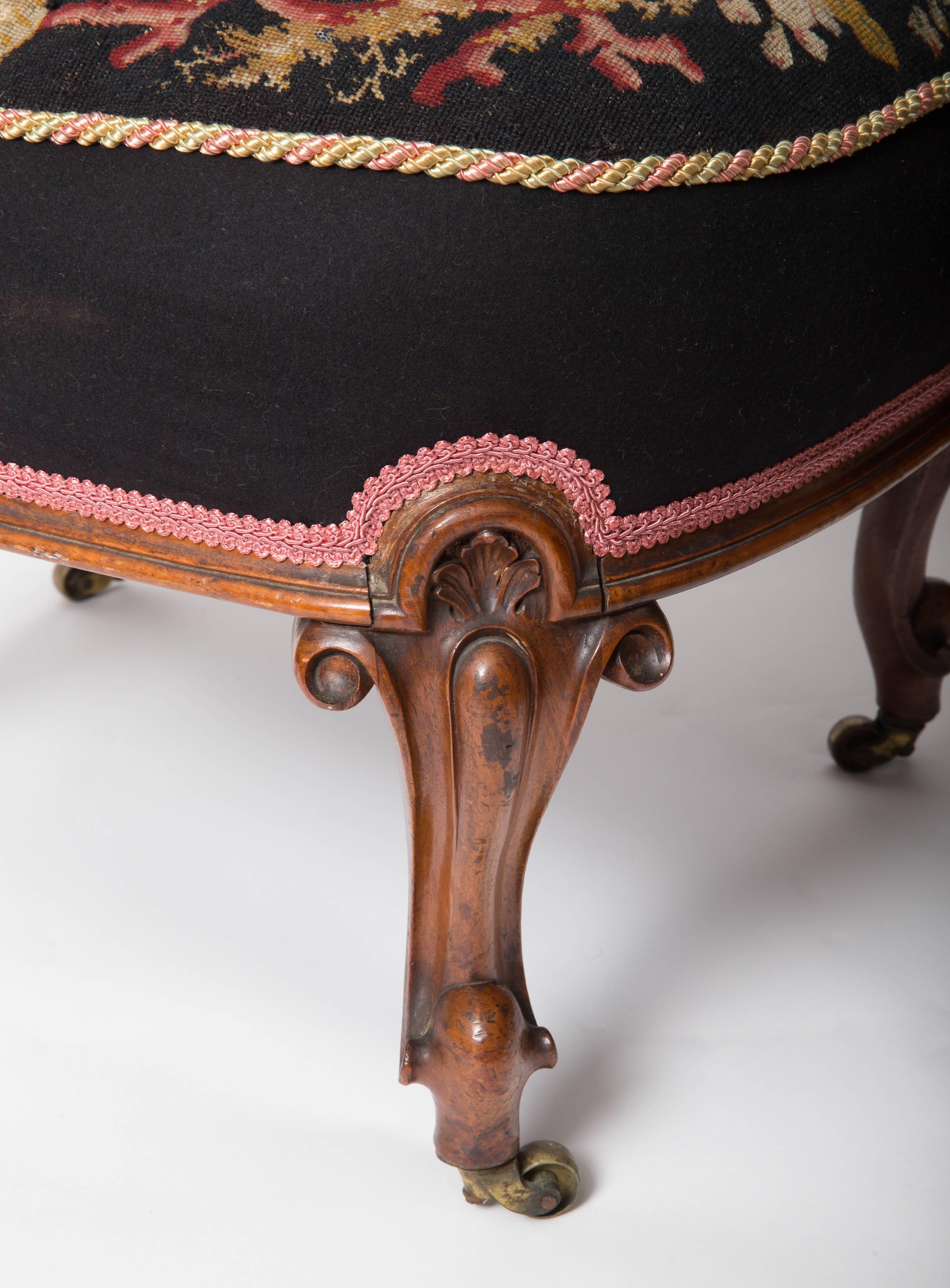 Mid-19th Century 19th Century Needlepoint Upholstered English Slipper Chair For Sale