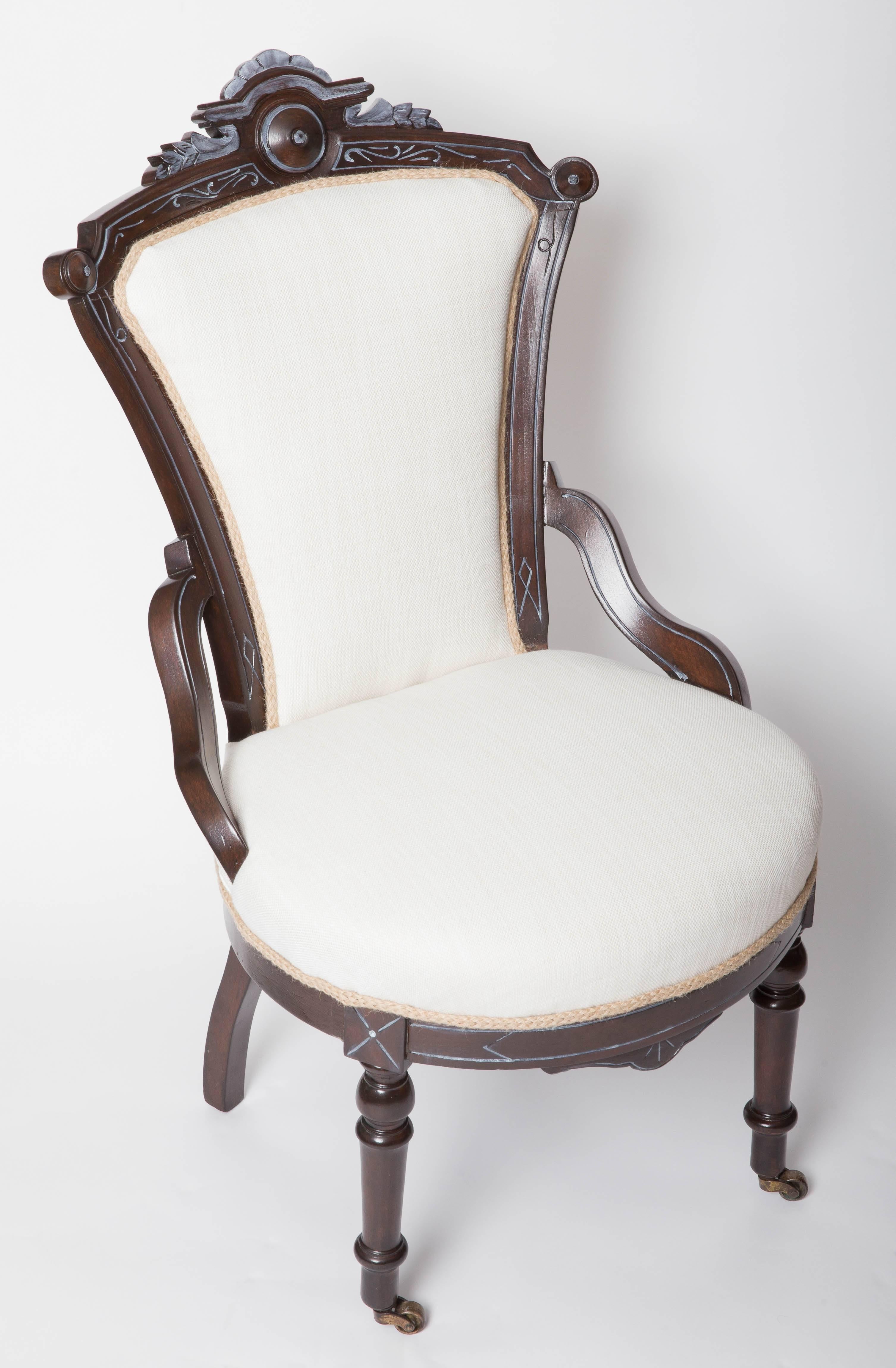 Pair of Petite  Eastlake style Victorian chairs,  newly upholstered in linen fabric.