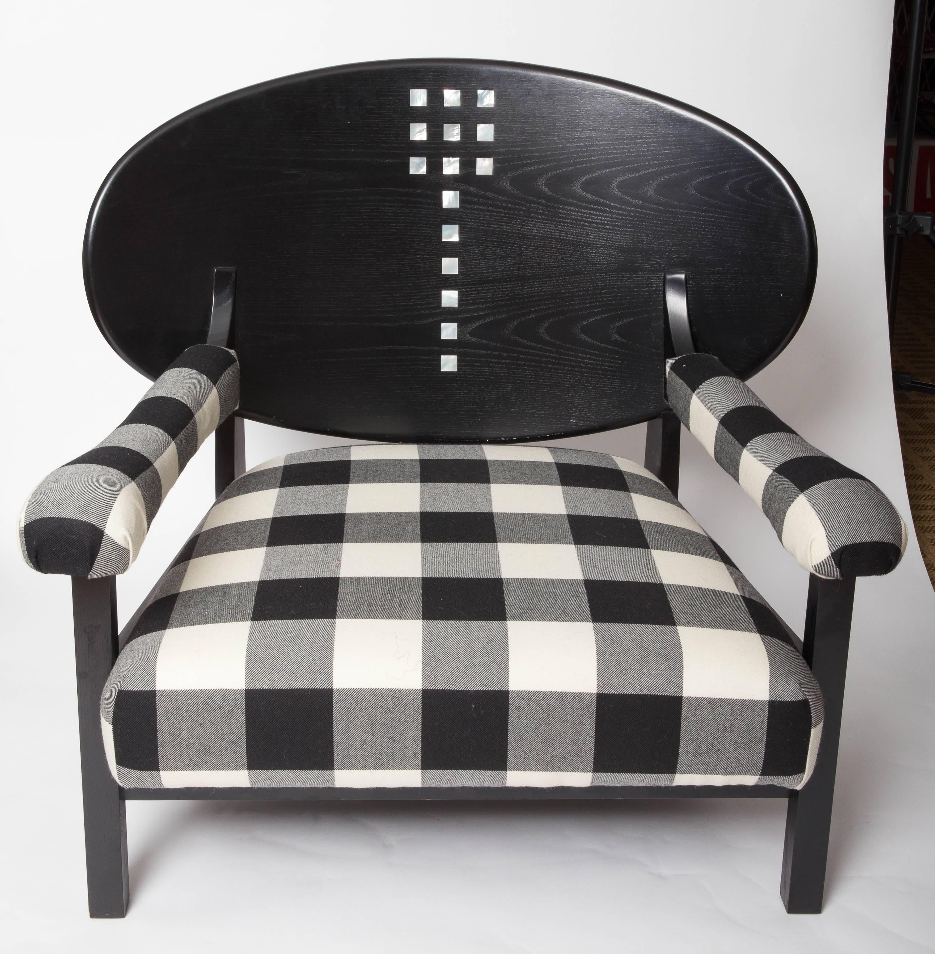 Newly Upholstered, reproduction of Charles Rennie Mackintosh Dugout chair.

