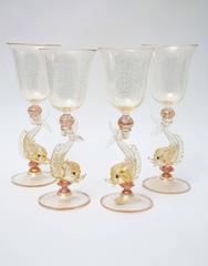 Set of Four Tall Venetian Goblets, Pretty Pink with Dolphin Figural Stem