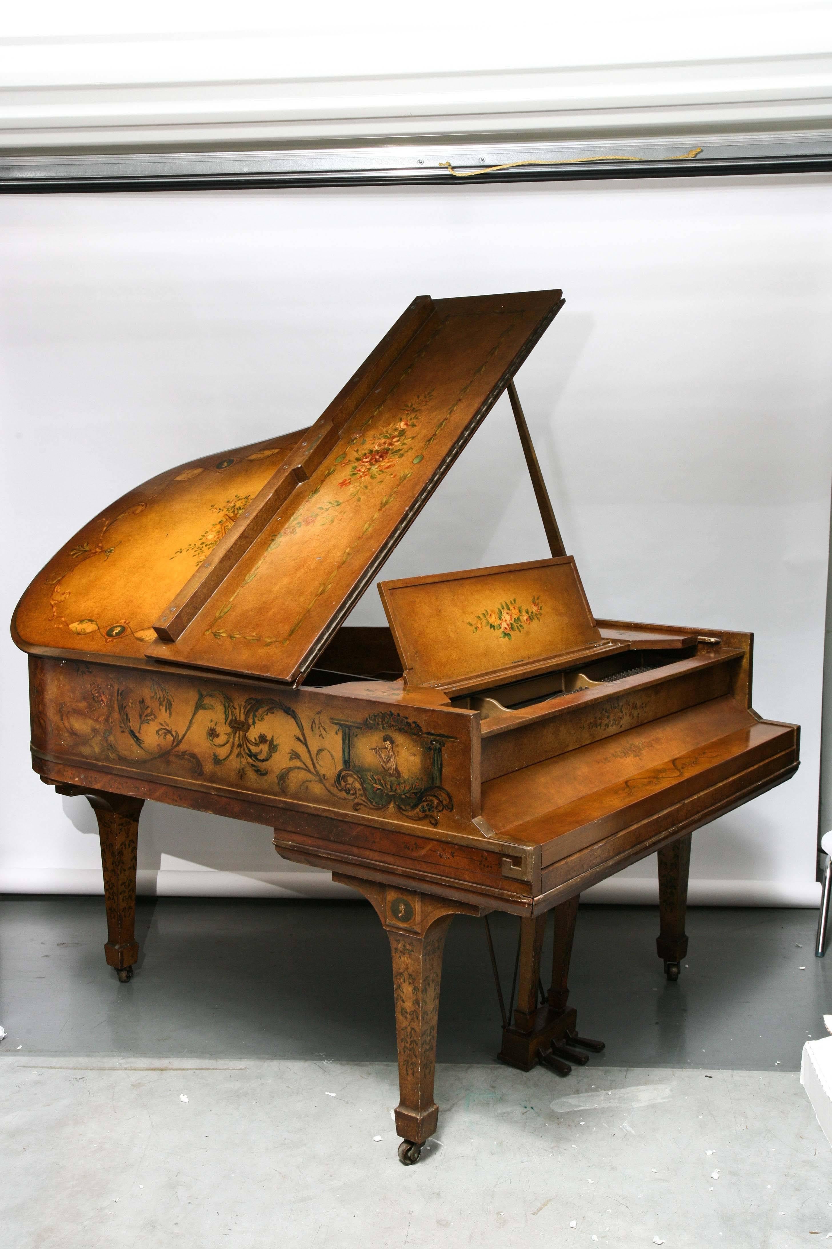 This is a very nice hand-painted baby grand piano made by Sohmer, NY. From a Boca Raton Florida estate.
Its a great looking piano. The paintwork is very good, has wear in some parts. It plays well, but I would say needs tuning once moved, also has