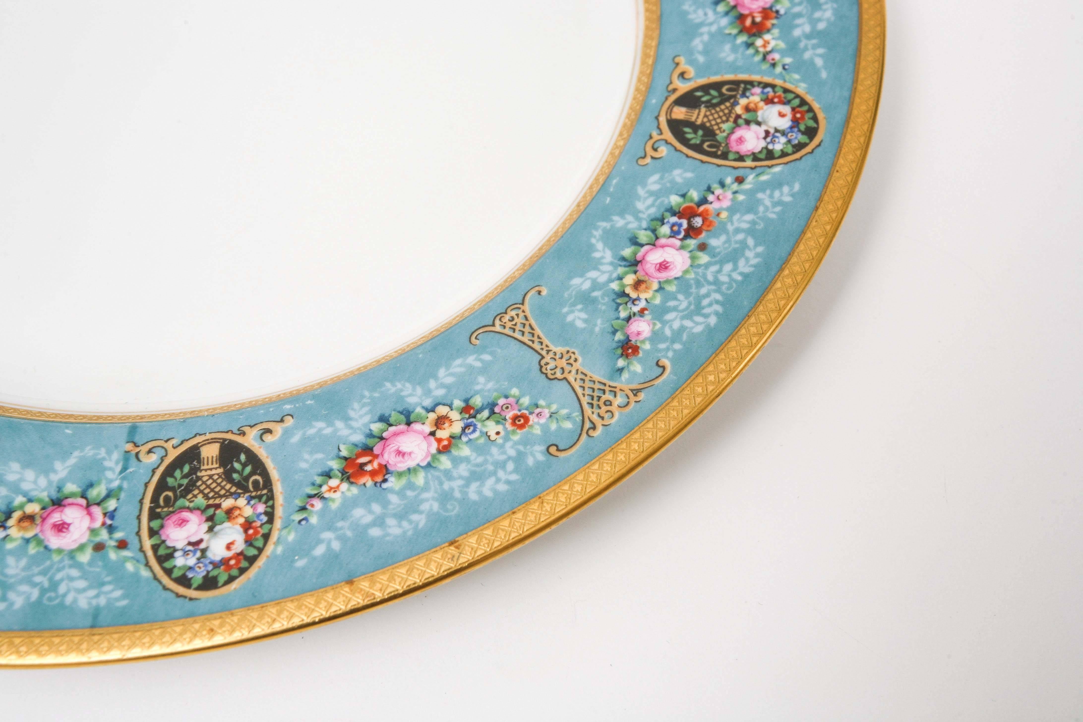 German 12 Antique Turquoise Floral Swag Dinner Plates, Pink a Roses, Black Cartouches
