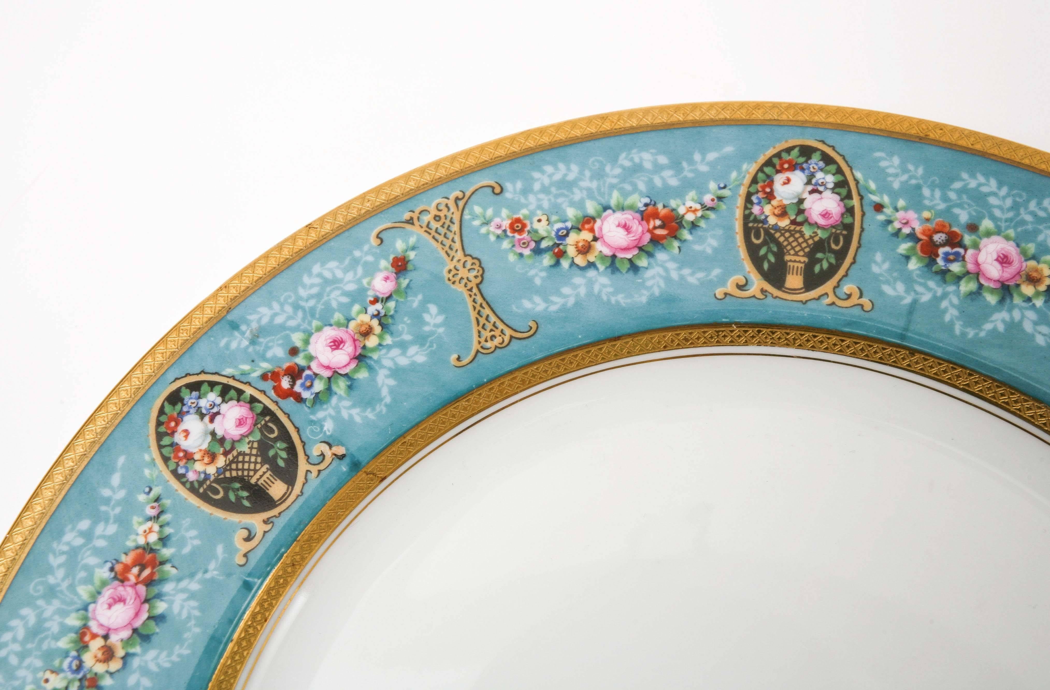 Hand-Crafted 12 Antique Turquoise Floral Swag Dinner Plates, Pink a Roses, Black Cartouches