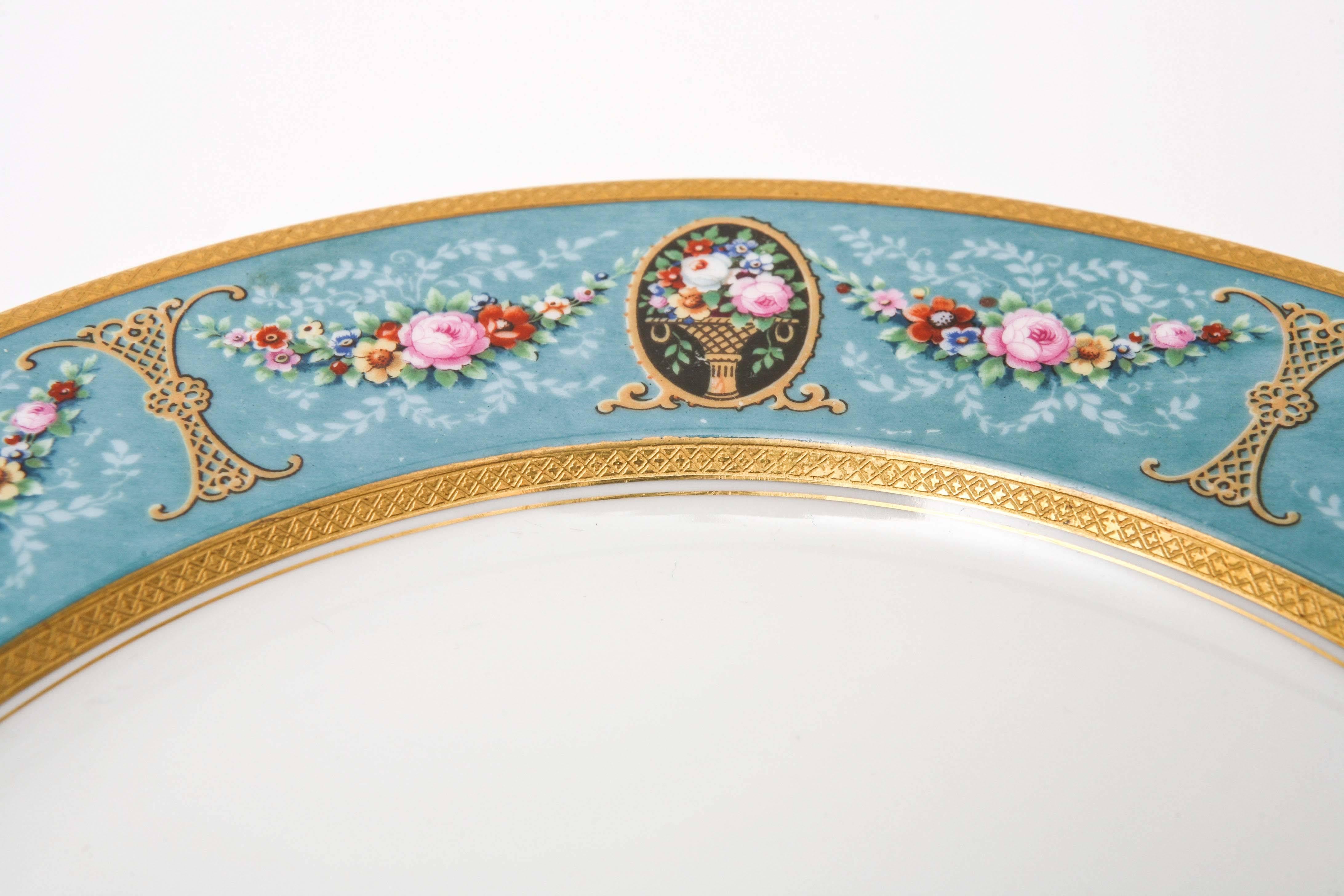 Early 20th Century 12 Antique Turquoise Floral Swag Dinner Plates, Pink a Roses, Black Cartouches