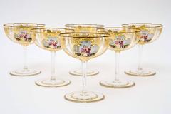 Set of Six Antique Champagne Coupes, Quatrefoil Shaped, Wheel Cut and Gilded