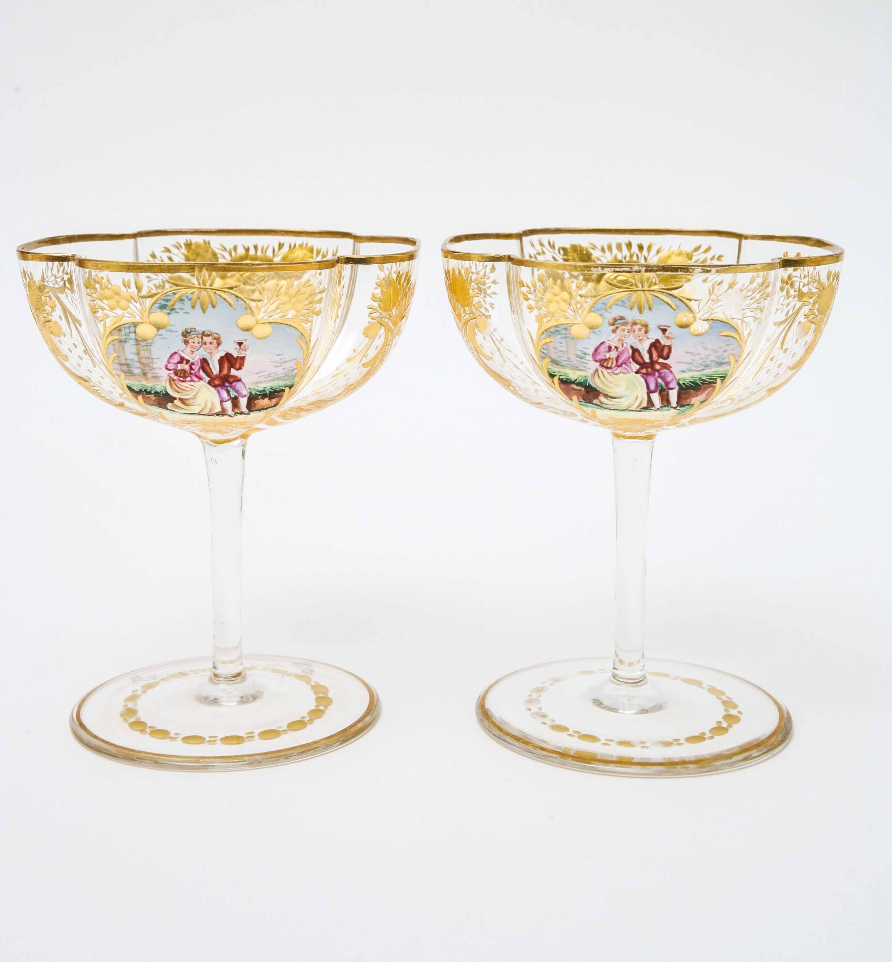 Czech Set of Six Antique Champagne Coupes, Quatrefoil Shaped, Wheel Cut and Gilded