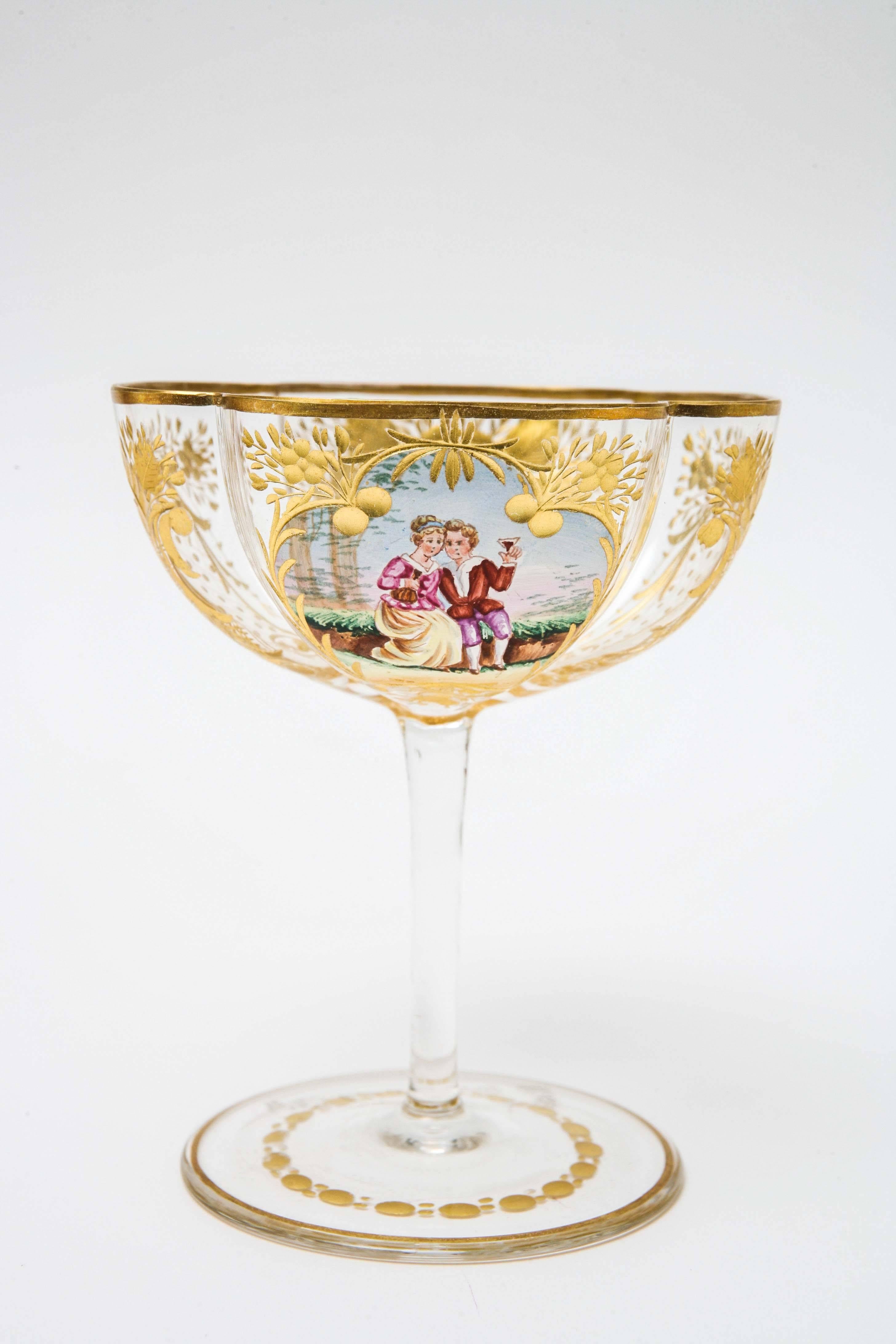 Hand-Crafted Set of Six Antique Champagne Coupes, Quatrefoil Shaped, Wheel Cut and Gilded