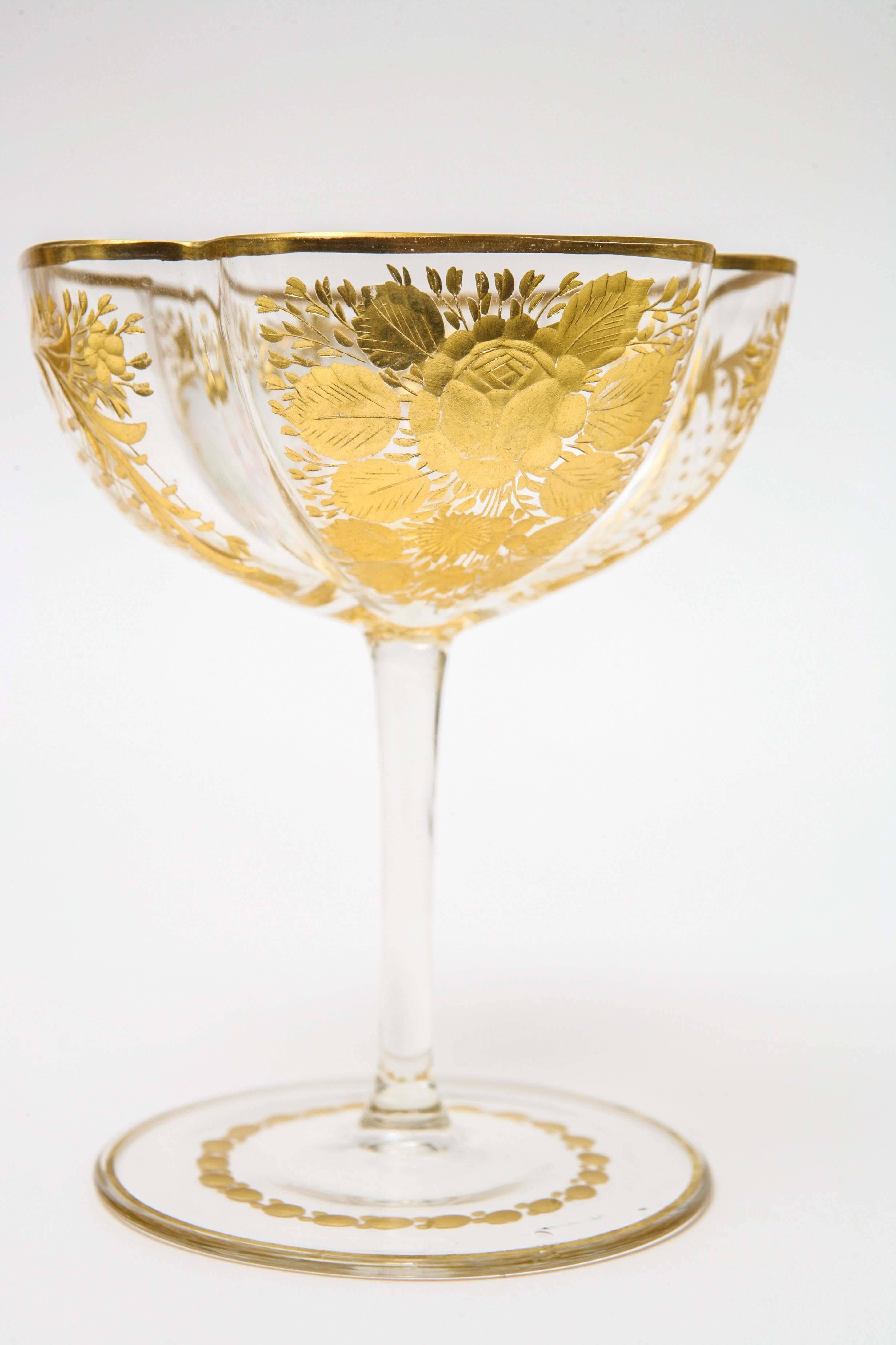 Set of Six Antique Champagne Coupes, Quatrefoil Shaped, Wheel Cut and Gilded 2