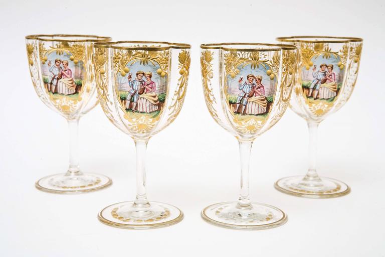 Four Antique Moser Wine Glasses, Cut and Hand Decorated with Quatrefoil