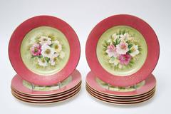 12 Pretty Pink Antique Floral Dessert Plates, Hand-Painted, Artist Signed