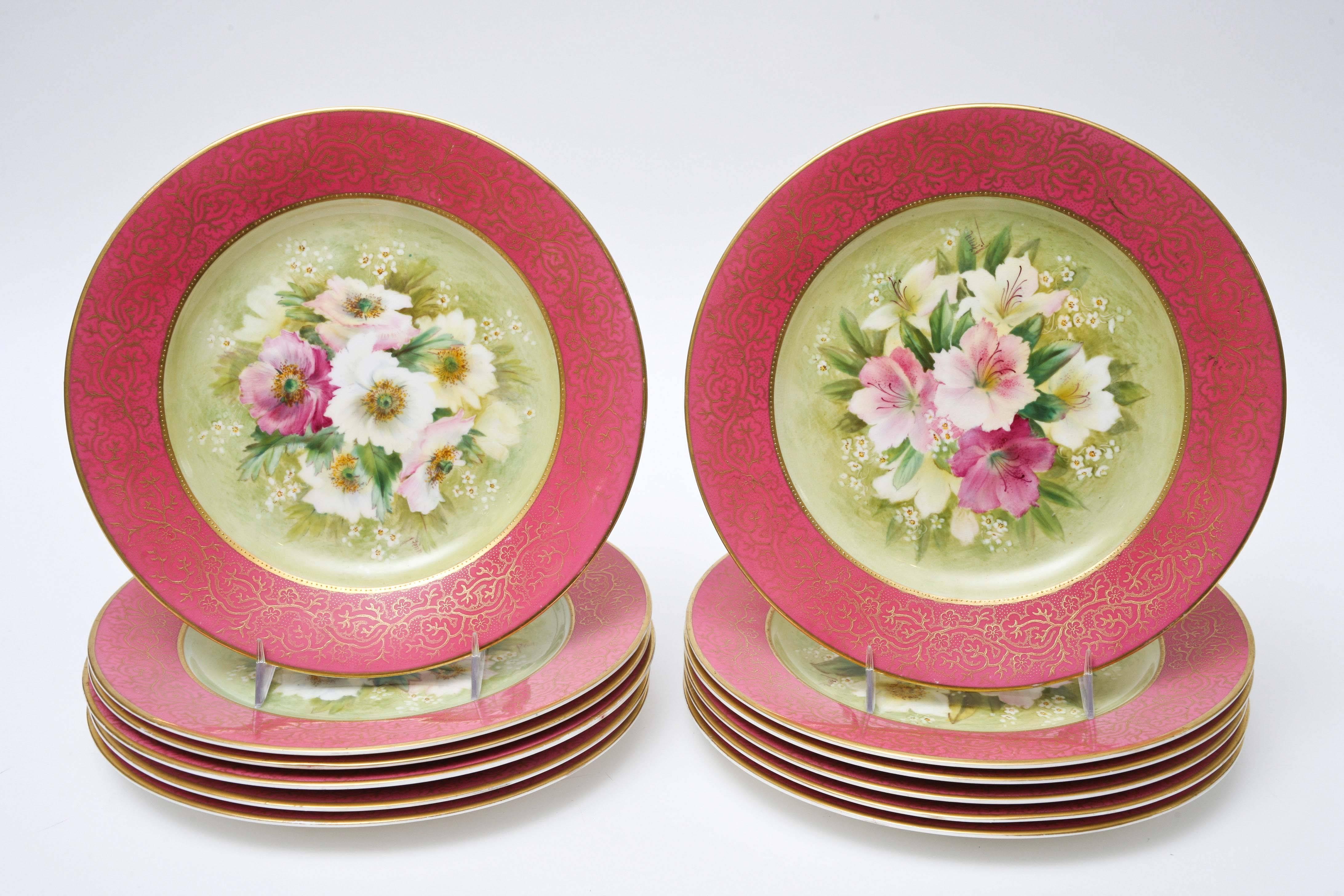 English 12 Pretty Pink Antique Floral Dessert Plates, Hand-Painted, Artist Signed