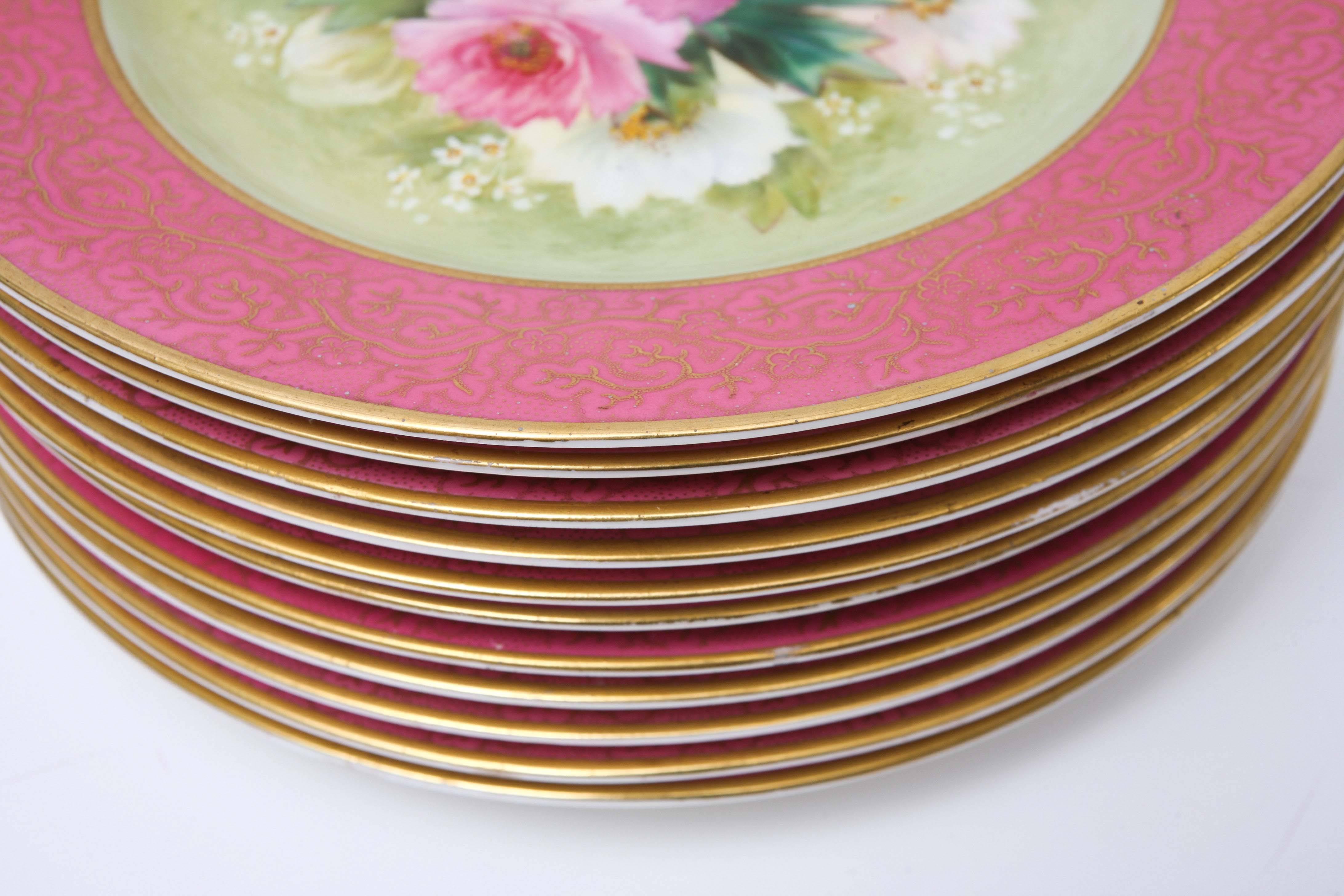 Hand-Crafted 12 Pretty Pink Antique Floral Dessert Plates, Hand-Painted, Artist Signed