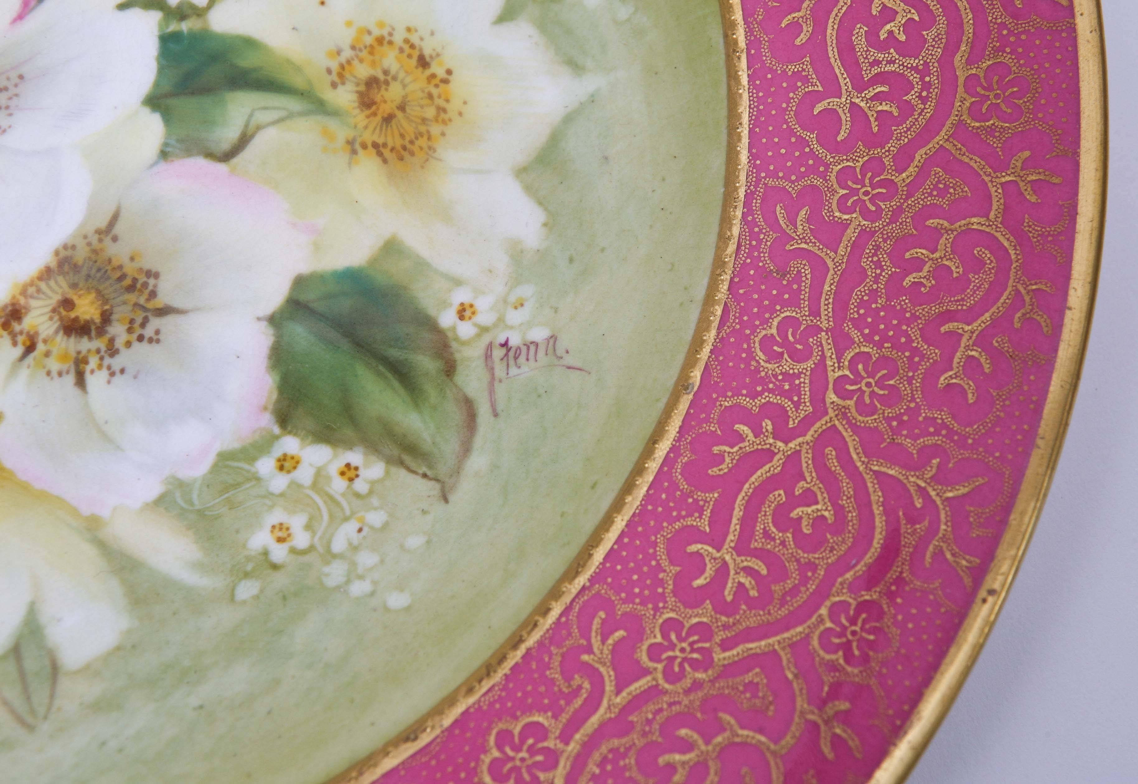 12 Pretty Pink Antique Floral Dessert Plates, Hand-Painted, Artist Signed In Good Condition In West Palm Beach, FL