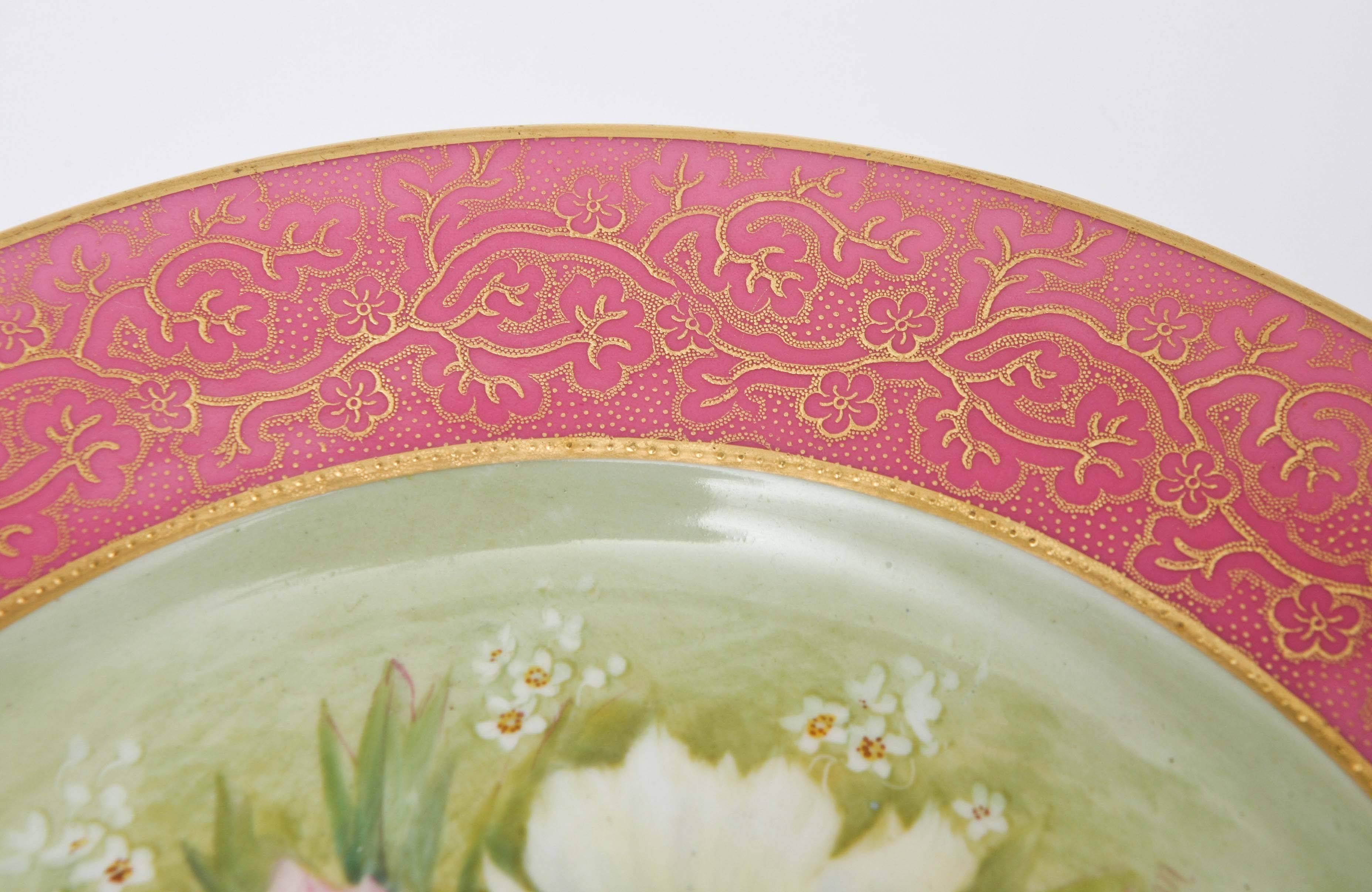 Early 20th Century 12 Pretty Pink Antique Floral Dessert Plates, Hand-Painted, Artist Signed