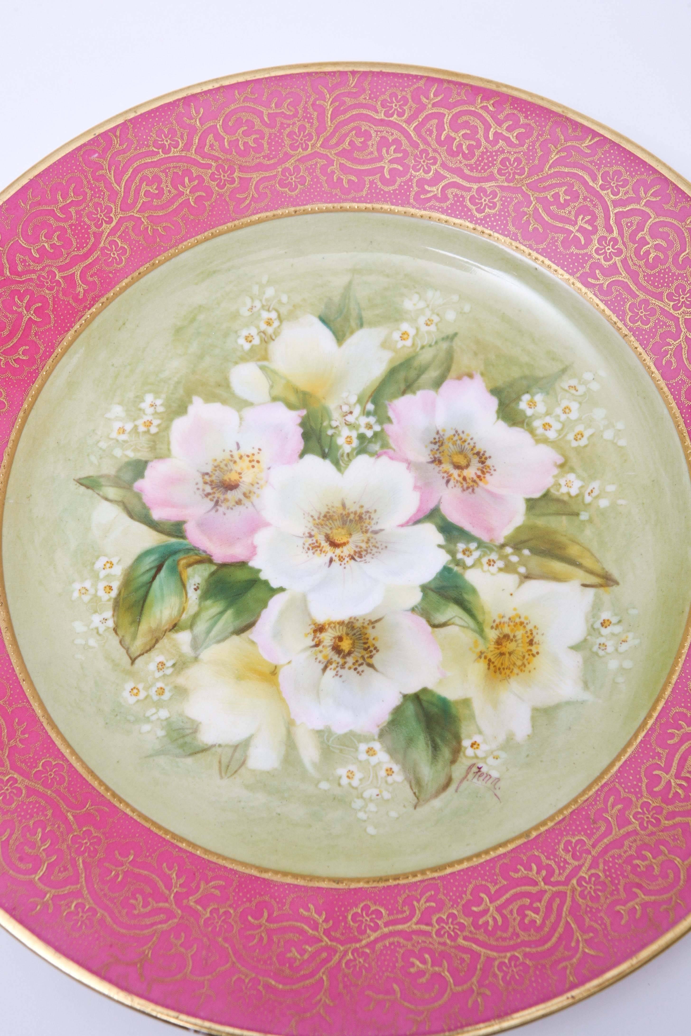 Gold 12 Pretty Pink Antique Floral Dessert Plates, Hand-Painted, Artist Signed