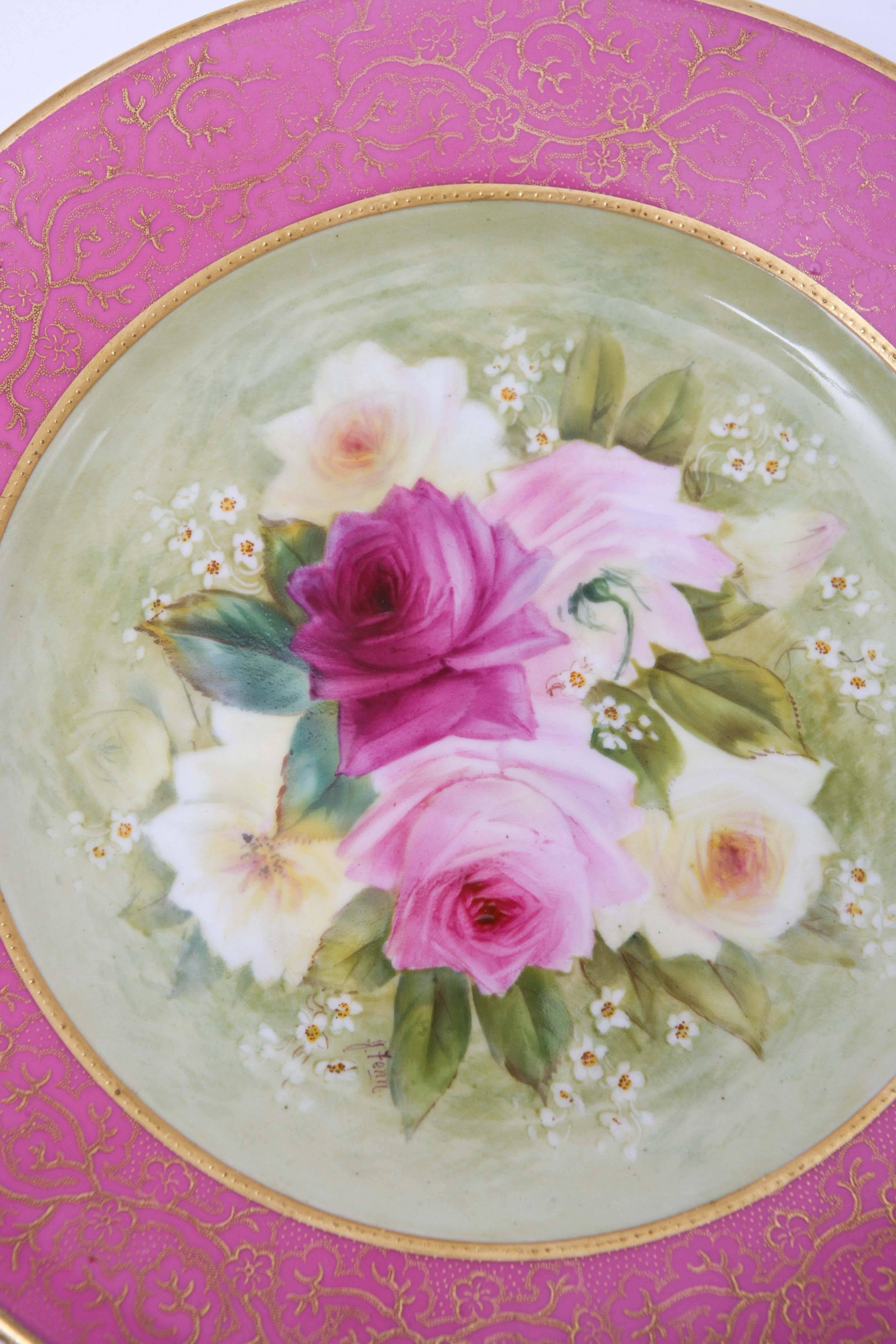 12 Pretty Pink Antique Floral Dessert Plates, Hand-Painted, Artist Signed 2