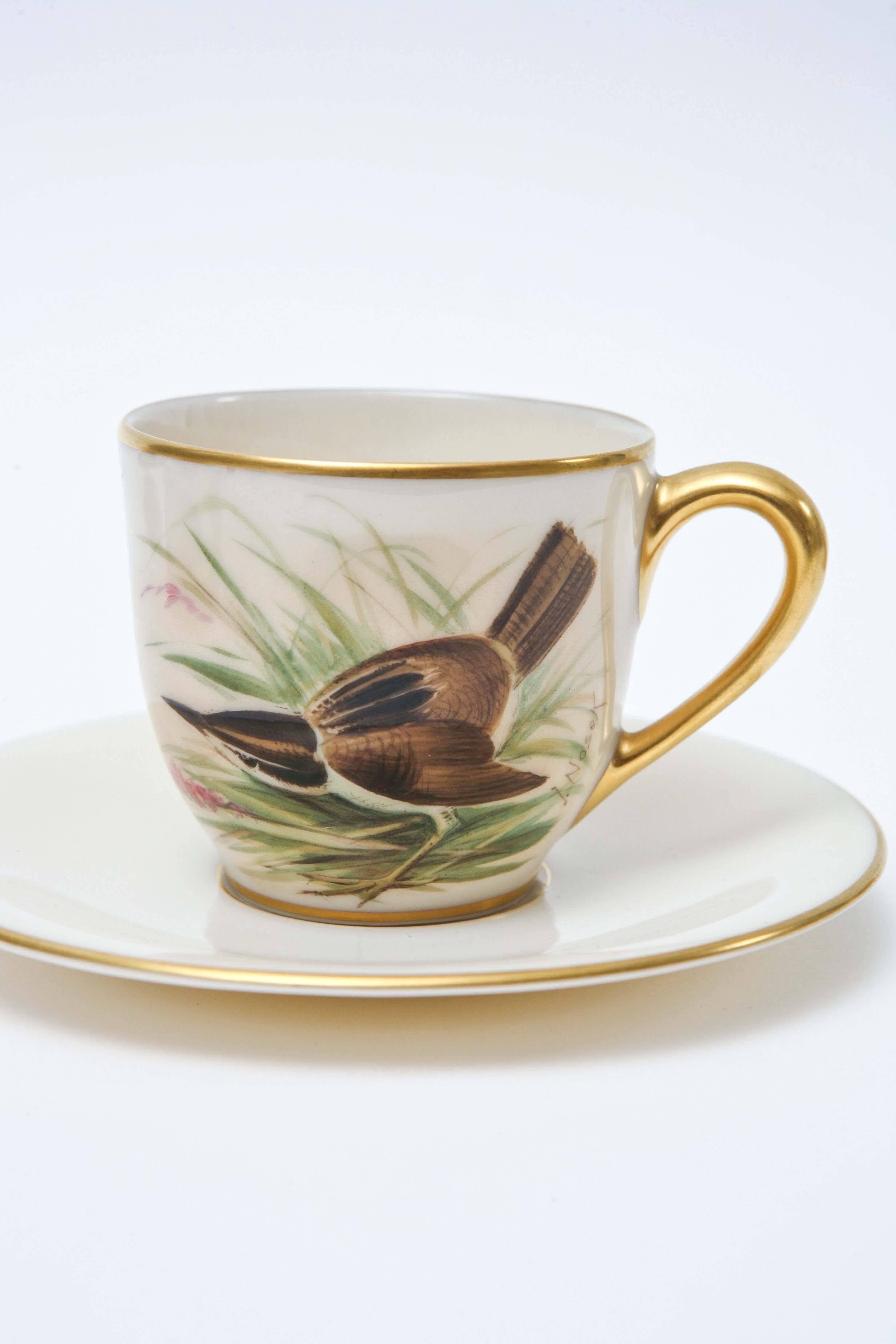 American Six Charming Hand-Painted Song Bird Cup and Saucers, Vintage Lenox